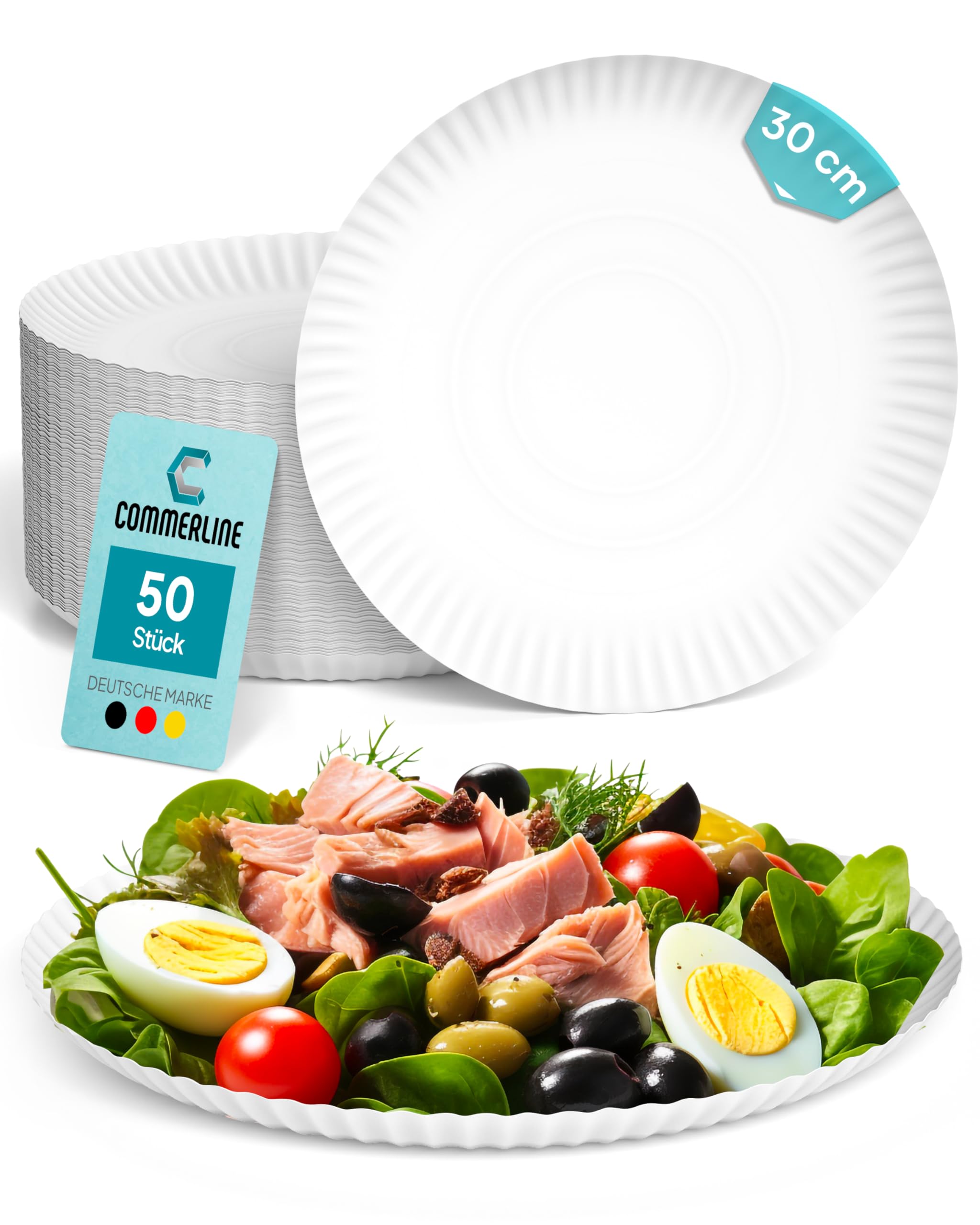 Commerline 200 Unidades Platos Redondos de Papel de 38 cm de Diámetro | Platos Desechables para Tartas, Fiestas y Aperitivos | Vajilla Desechable para Comida