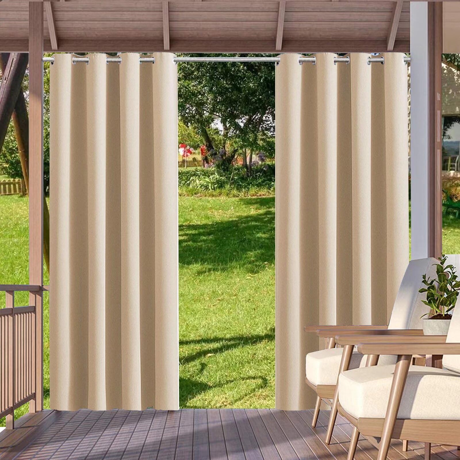 Rideau Exterieur Impermeable Opaque Protection Anti-UV avec œillets Rideau Occultant Exterieur pour Jardin Cour Balcon B200xH200cm Couleurs crème