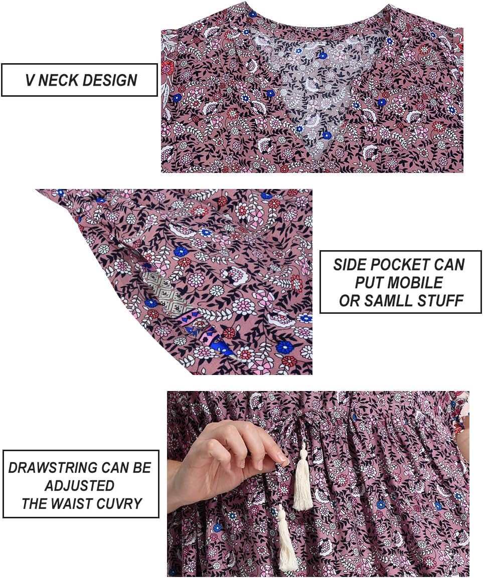 RITERA Plus Size Midi Dress for Women Casual V NeckShort Sleeve Ruffle Flowy Boho Drawstring Tassel Waist XL-5XL - Image 6