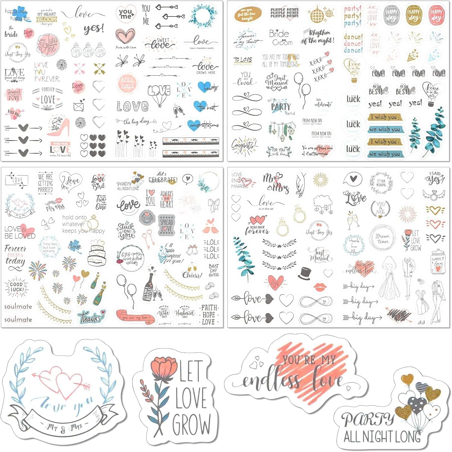 4 Sheets Wedding Stickers Self-Adhesive Wedding Scrapbook Stickers 230 Pcs Waterproof Decals for Scrapbook Journal Wedding Party Favours Invitations Greeting Cards Decorations