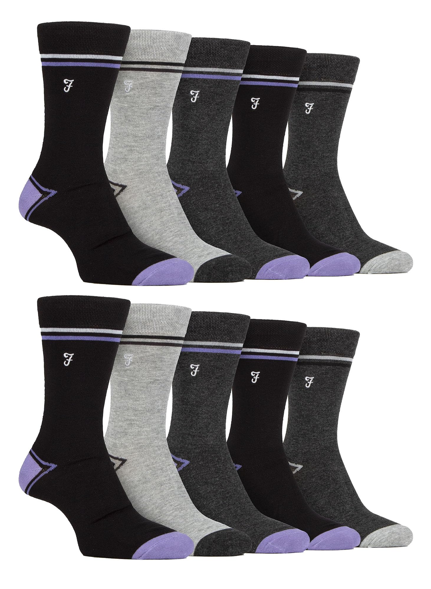 Farah Men's Black / Purple 10 Pairs Multipack Bamboo Dress Socks Bright Cotton Socks With Gentle Grip Top (6-11, Black/Purple)