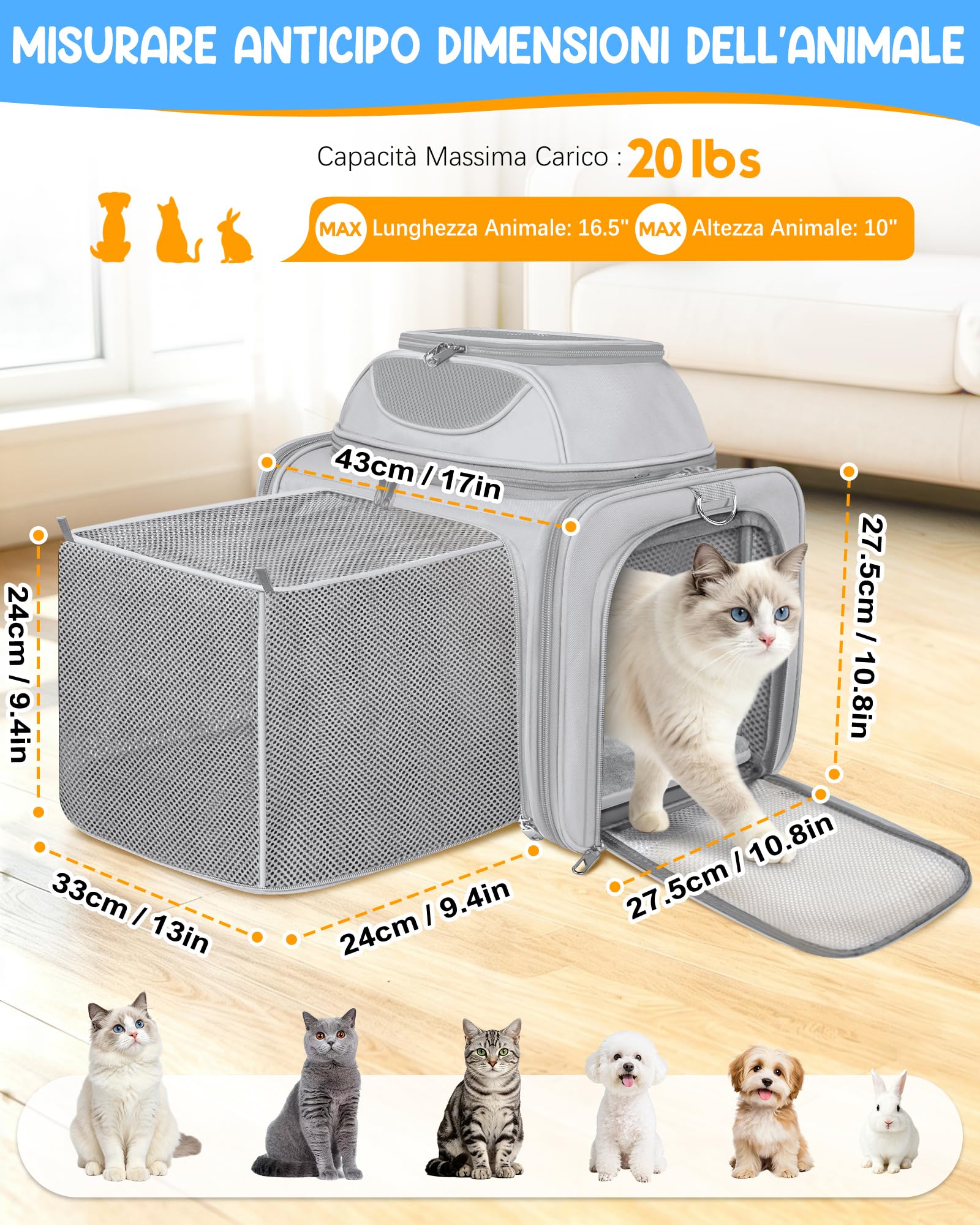 Trasportino Gatto Morbido Pieghevole Approvato Aereo Espandibile Borsa Viaggio Gatti Gatto Pieghevole Fino a 10kg Morbido Pet Carrier per Cani con Cuscino Lavabile e Guinzaglio Interno