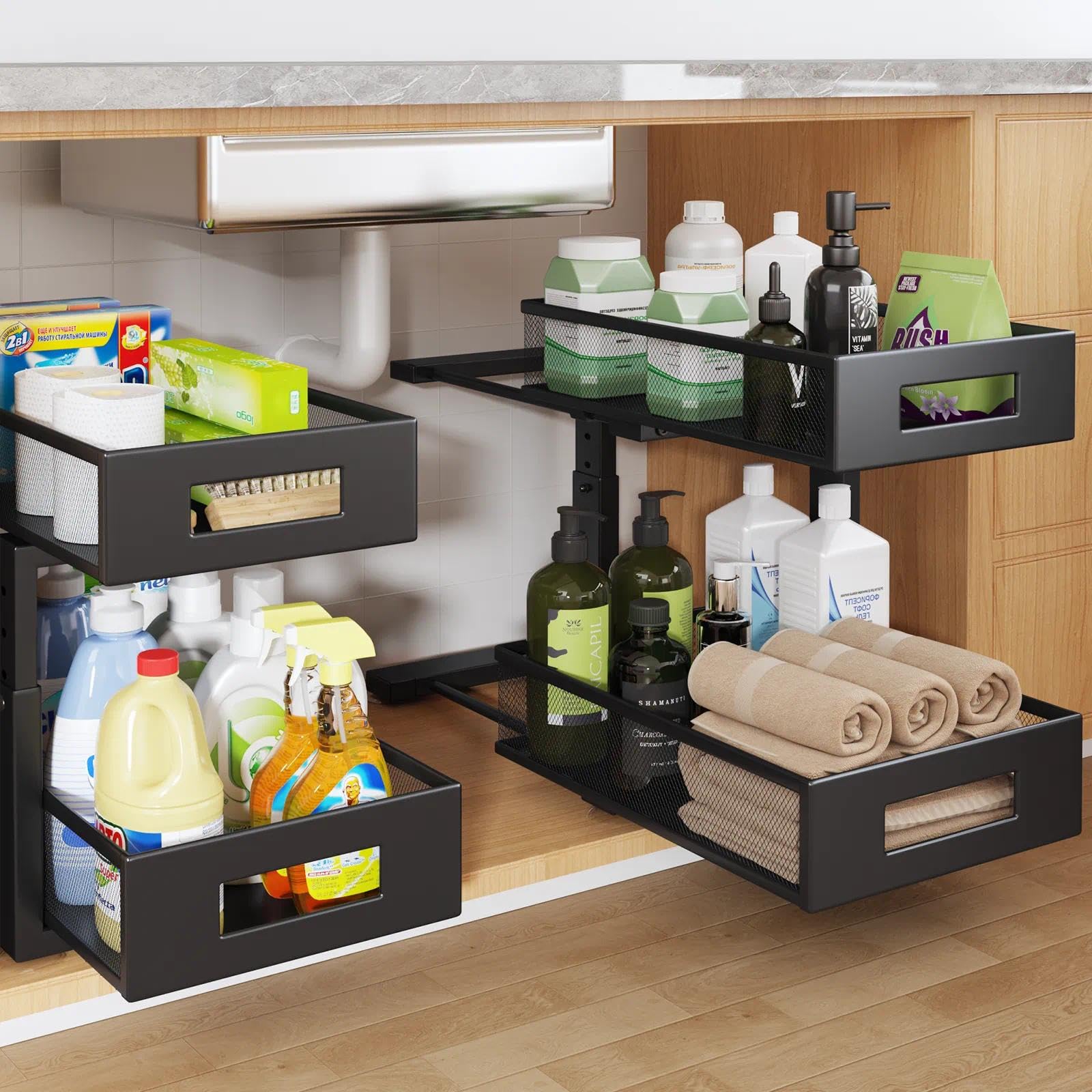 Under Sink Organizer, 2-Tier Dual Pull Out Cabinet Organizer Drawers With Smooth Circular Rail, Large Capacity Metal Mesh Sliding Shelves For Bathroom&amp; Kitchen Storage,Height Adjustable–Black,2 Packs