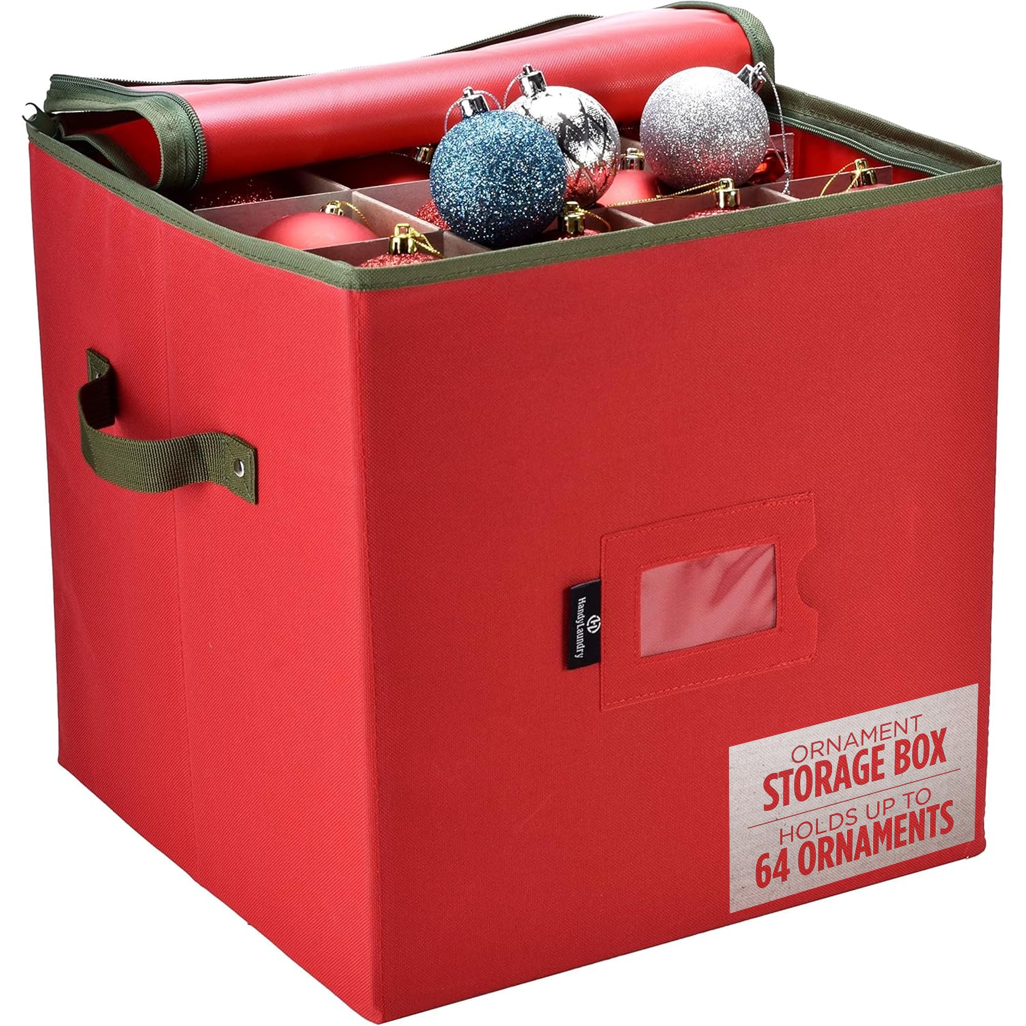 Handy Laundry Christmas Ornament Storage - Stores upto 64 Holiday Ornaments, Adjustable Dividers, Zippered Top, Two Handles. Storage Box Keeps Holiday Decorations Clean and Dry for Next Season. (Red)