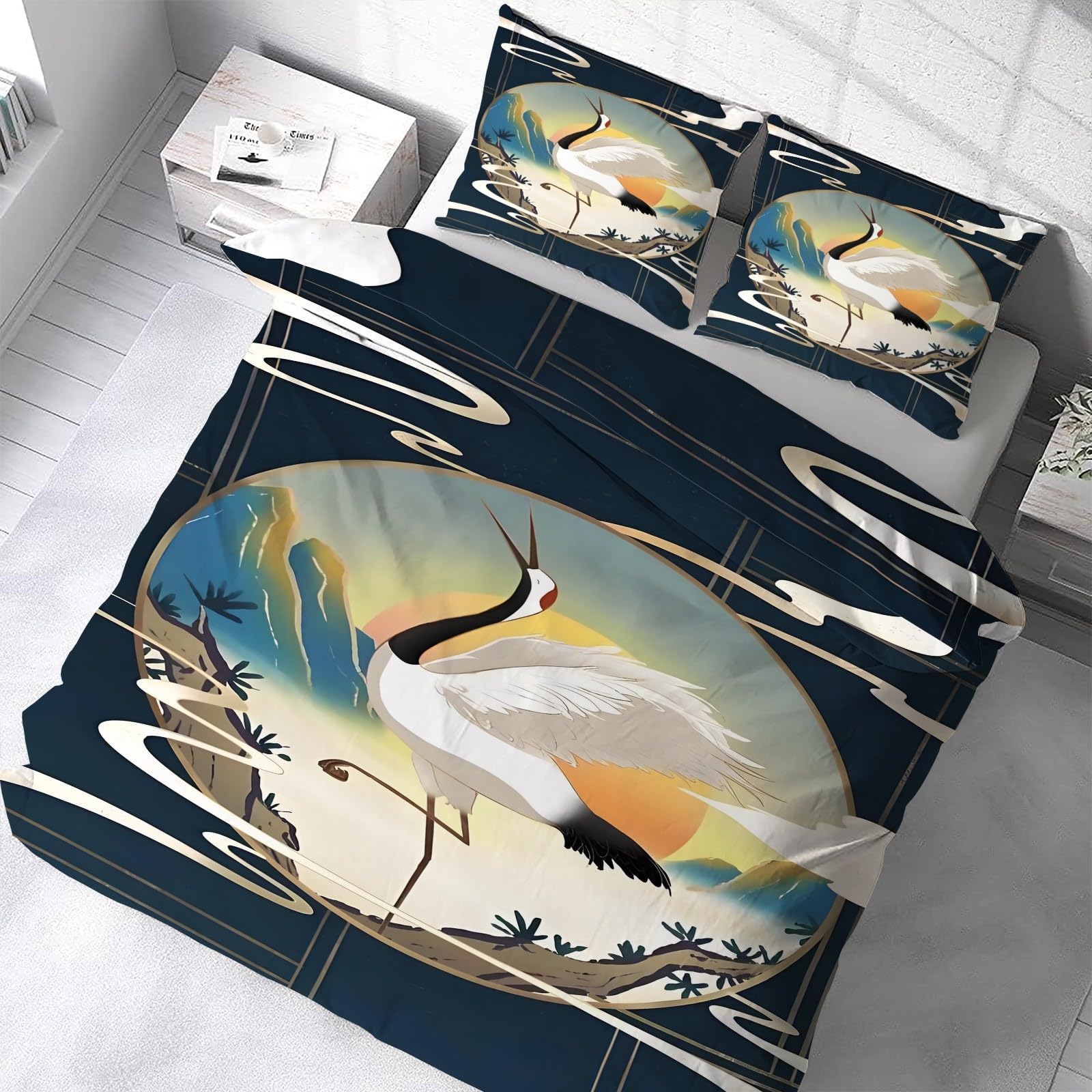 Housse de couette 200x200 cm avec 2 taies 65x65 motif grue à tête rouge