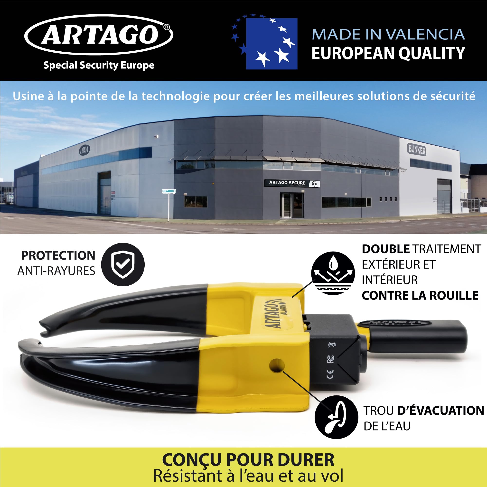 ARTAGO ART872 Antivol Voiture Sabot Roue Haut de Gamme, 2en1 Sans/Avec Alarme 120dB Alerte LED Plus Sûr et Dissuasif, Clés Haute Sécurité, Bloque Anti vol Caravane Universel Auto Camping-Car Remorque