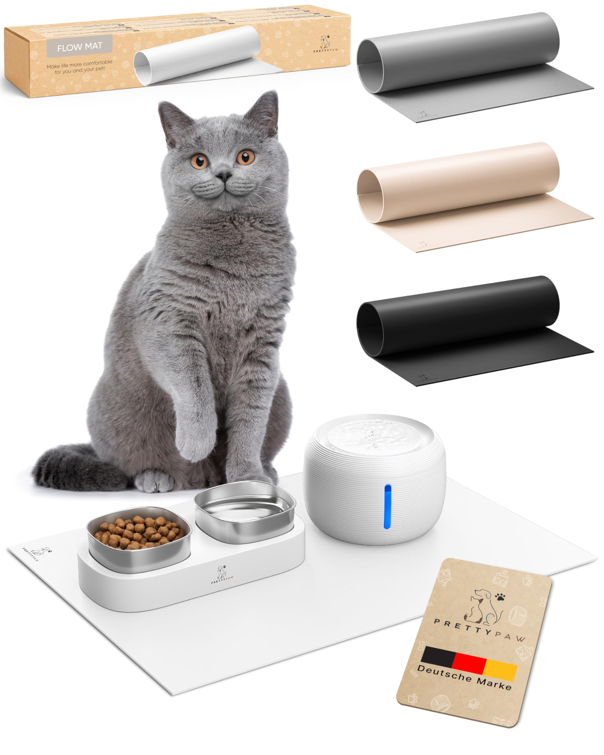 Pretty PAW® Napfunterlage Katze 60x40cm – Zubehör für Pretty Paw Trinkbrunnen & Futternapf | rutschfeste & wasserdichte Futtermatte Bodenschutz für Katzen Wassernapf & Fressnapf (Weiß, Extra Breit)