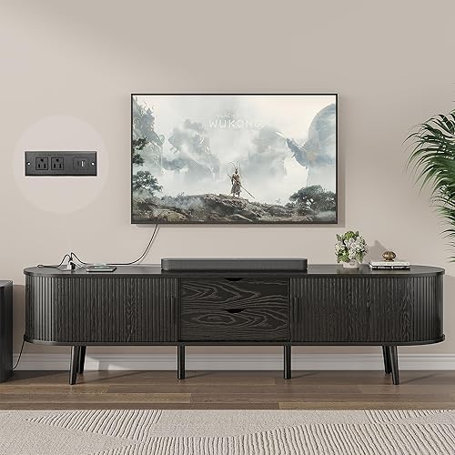 Miniatura 9 de Soporte de TV de mediados de siglo de 69 pulgadas para televisores de 55 a 80 pulgadas, moderno centro de entretenimiento con puertas correderas y