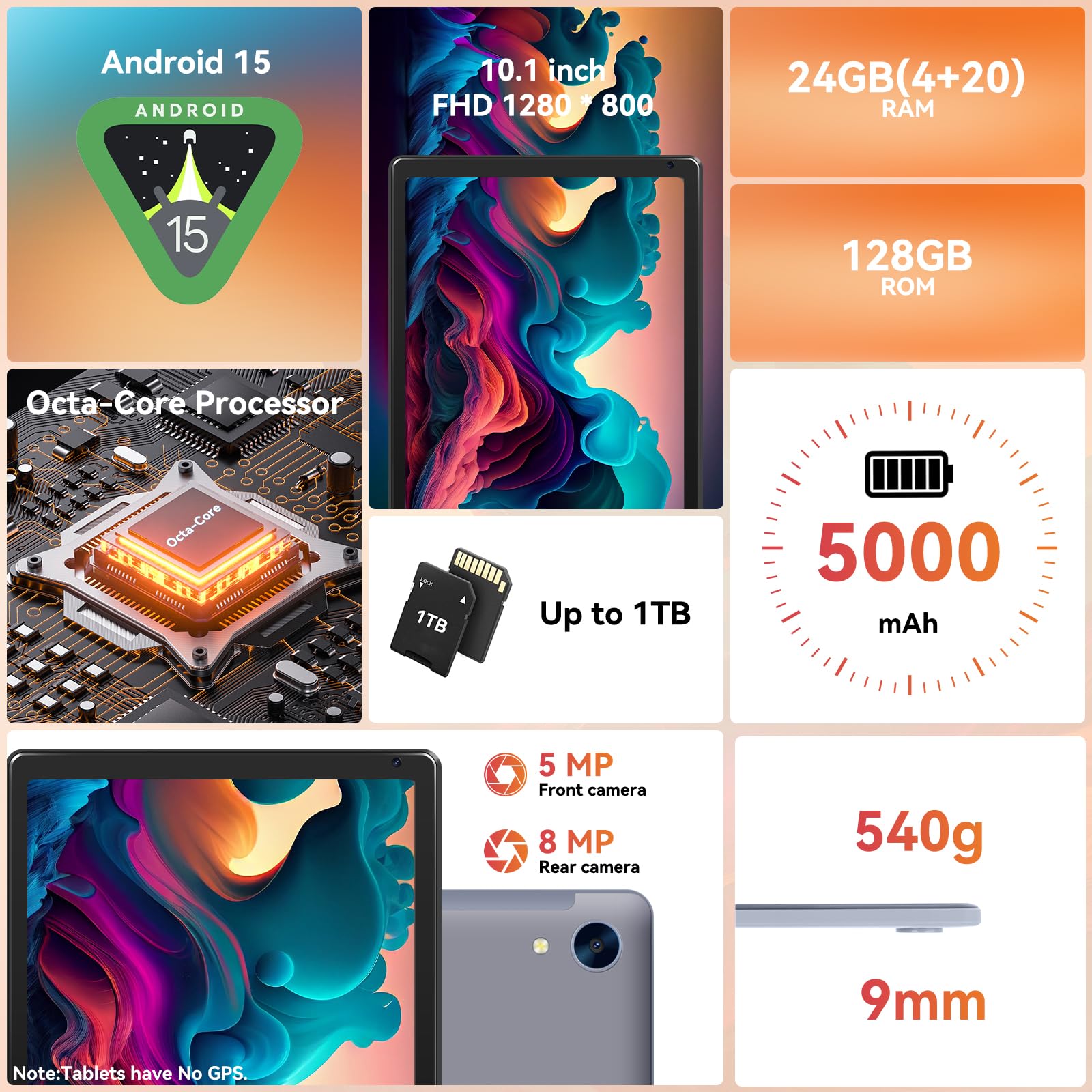 Tablet,10.1" Android Tablet with Octa-core Processor 10GB RAM 128GB ROM HD IPS Touchscreen 8H Battery, Wi-Fi 6, BT 5.0, Dual Camera, Google Tablets 2025
