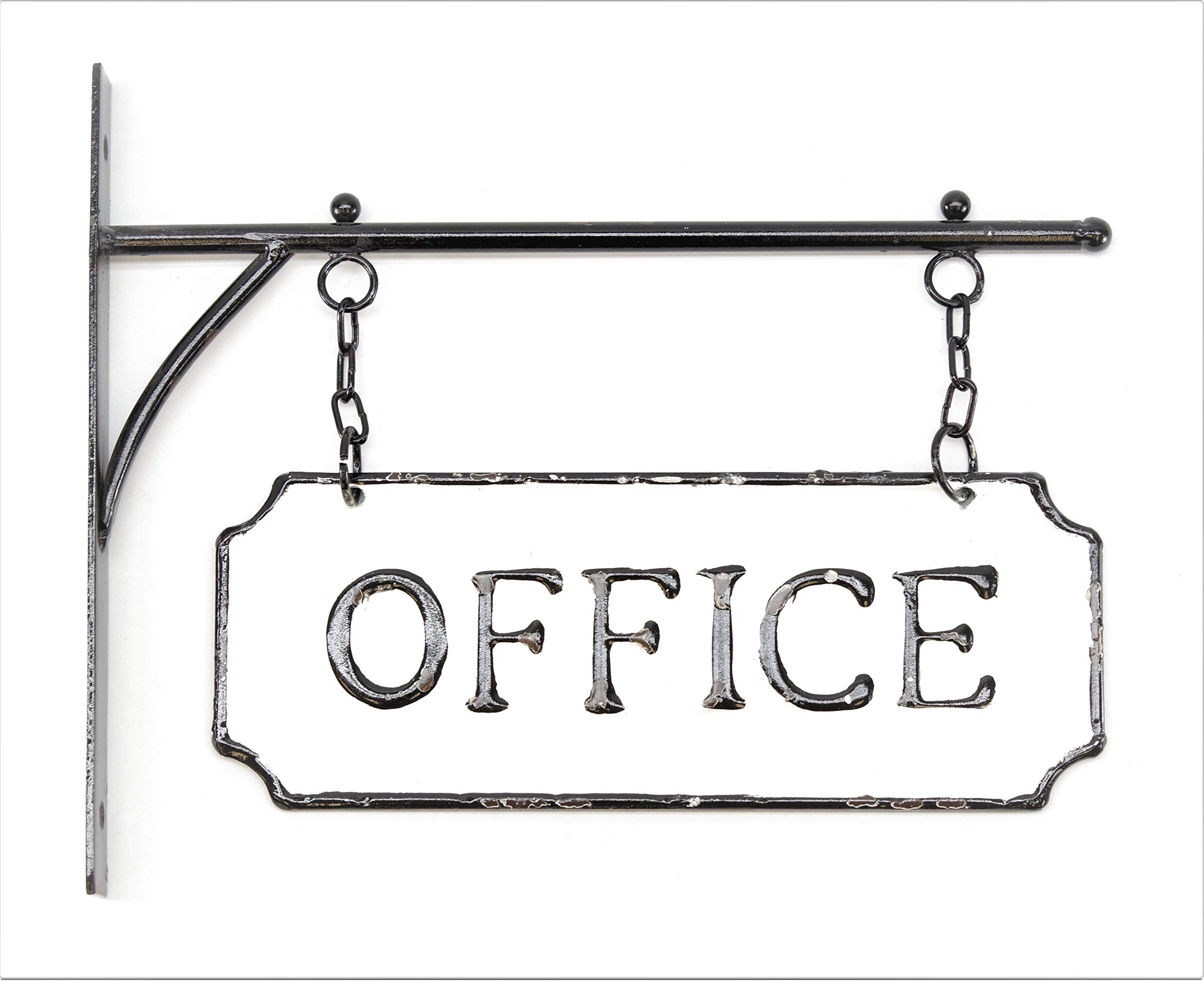 Rustic Hanging Double-Sided Office Embossed Black on White Enamel Metal Sign with Bracket - Business Wall Decor - Room Label - Wayfinding