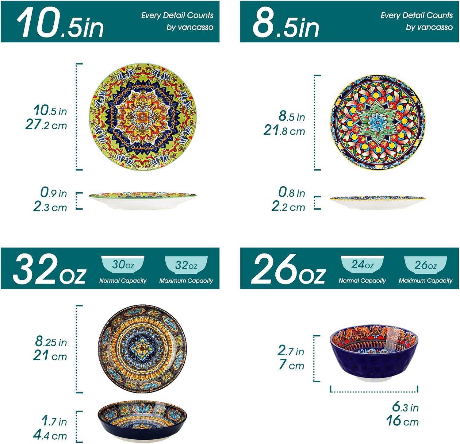 vancasso 16 Pieces Plates and Bowls Set, Bohemian Style Dinnerware Sets Service for 4, Porcelain Boho Dishes Set for Kitchen, Housewaring Gift, Dishwasher and Microwave Safe, Series KRVI