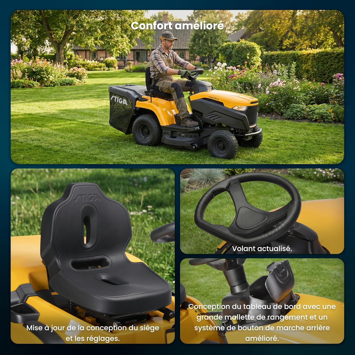 STIGA Estate 384 M ride-on lawnmower showing updated seat, steering wheel, and dashboard design