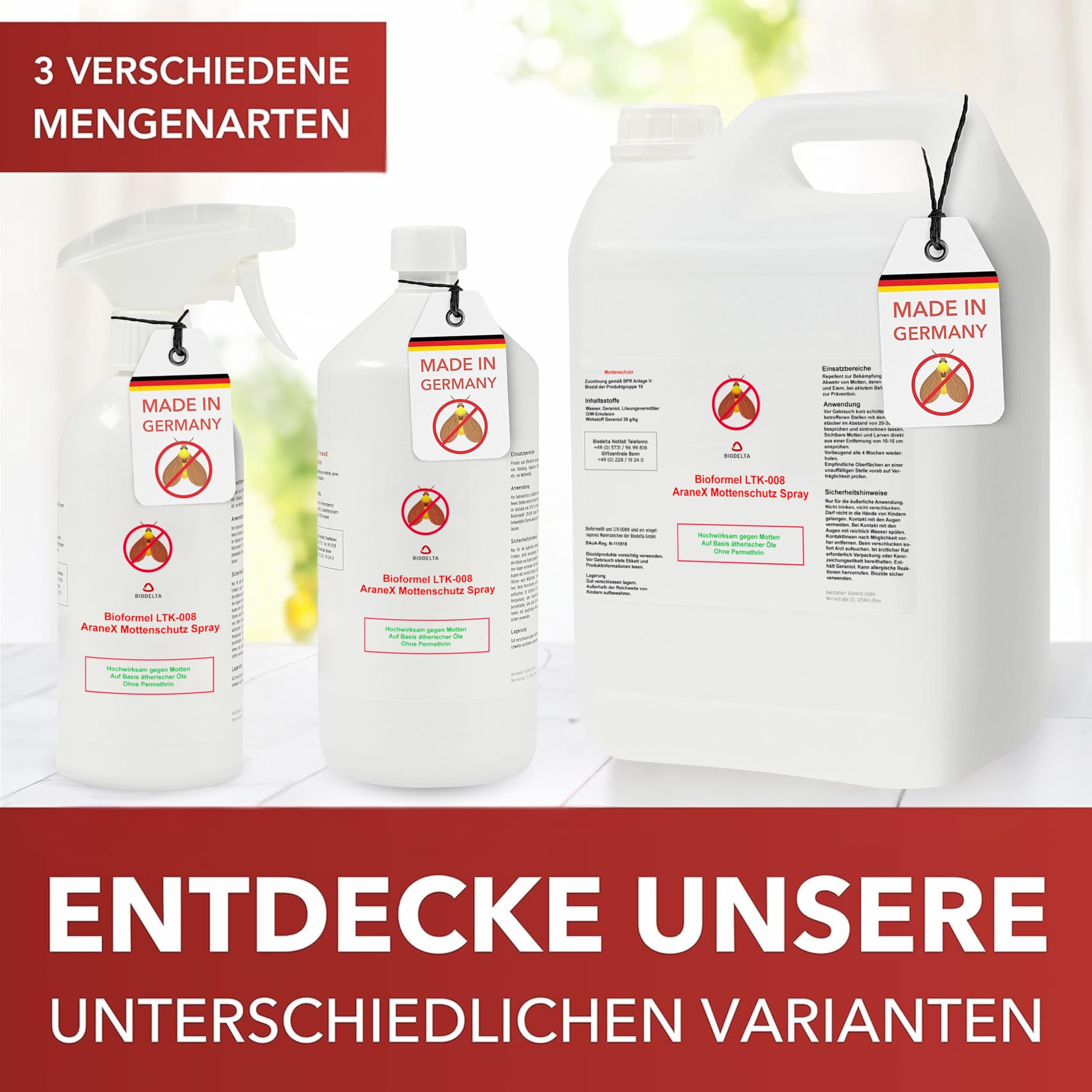 BIODELTA Mottenspray 5 l - Mottenabwehr für den Kleiderschrank | Mottenschutz für Kleiderschrank und Textilien - mit Langzeitwirkung - für den Innenbereich