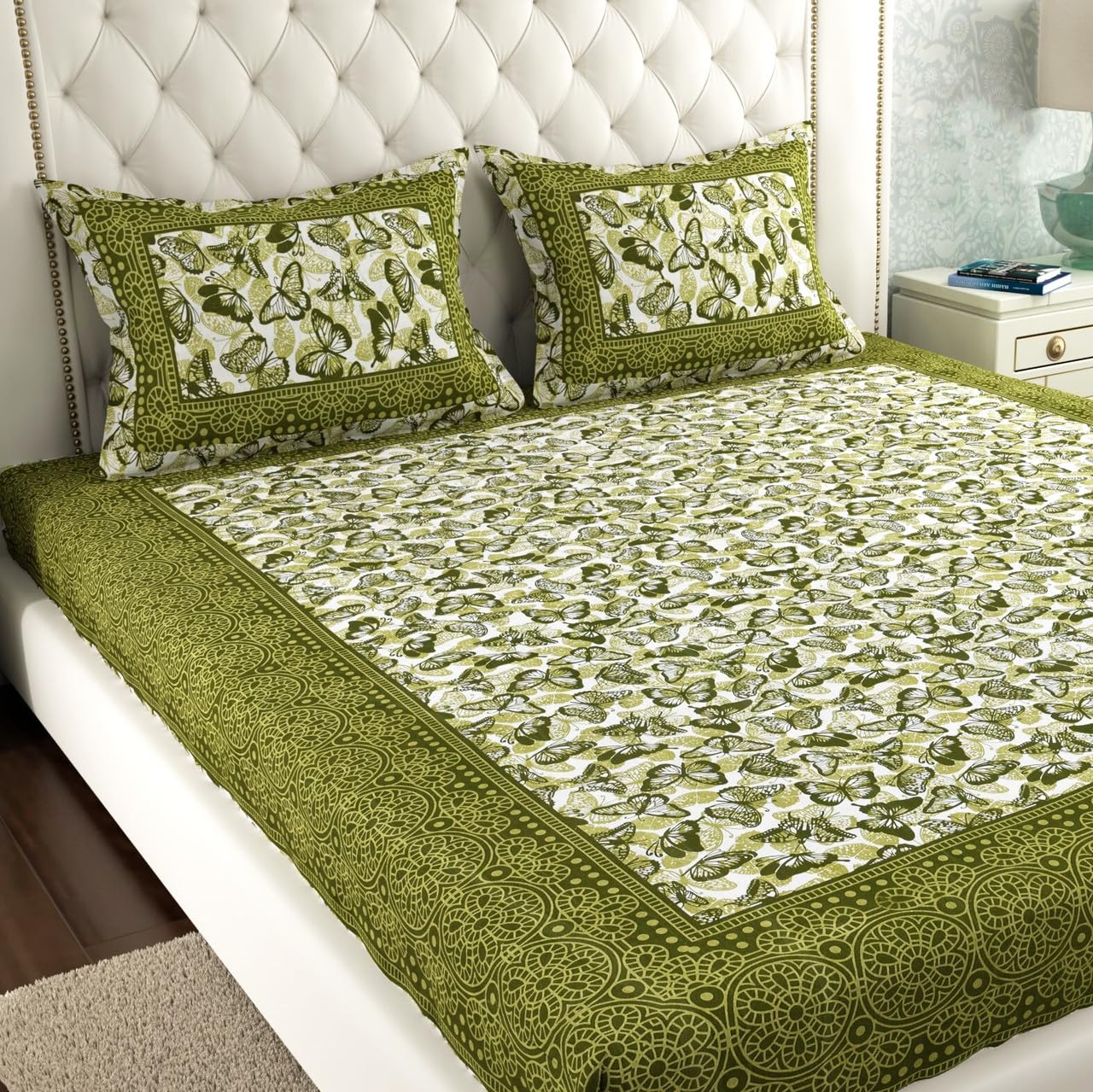 Pure 100% Cotton Double Bed Sheet with 2 Pillow Covers (Bedsheet for Double Bed Cotton, Green Butterfly Floral Jaipuri, King Size Summer 14-picture-23