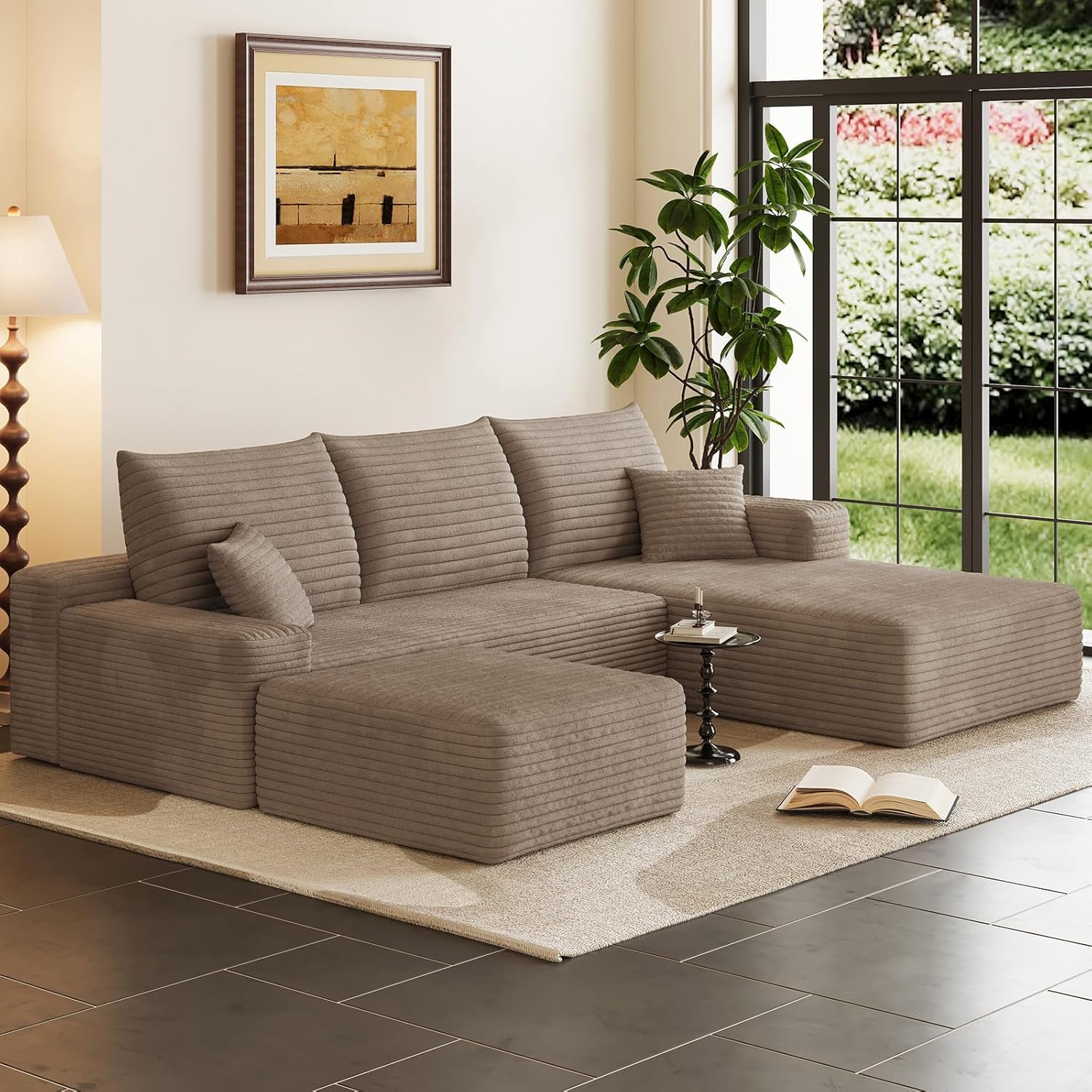 95″ Cloud Sectional Couch with Ottoman,Modern U-Shaped Cloud Couch with Deep Seat,Comfy Corduroy 3-Seater Sofa,Memory Foam Sofa for Living Room,No Assembly (Camel,Right-Facing Chaise)