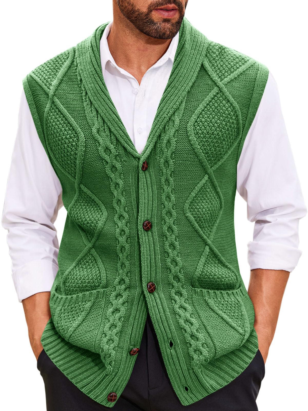 Mens Cable Knit Sweater Vest Shawl Collar Casual Slim Fit Sleeveless Button Down Cardigan Vest with Pockets-image-45