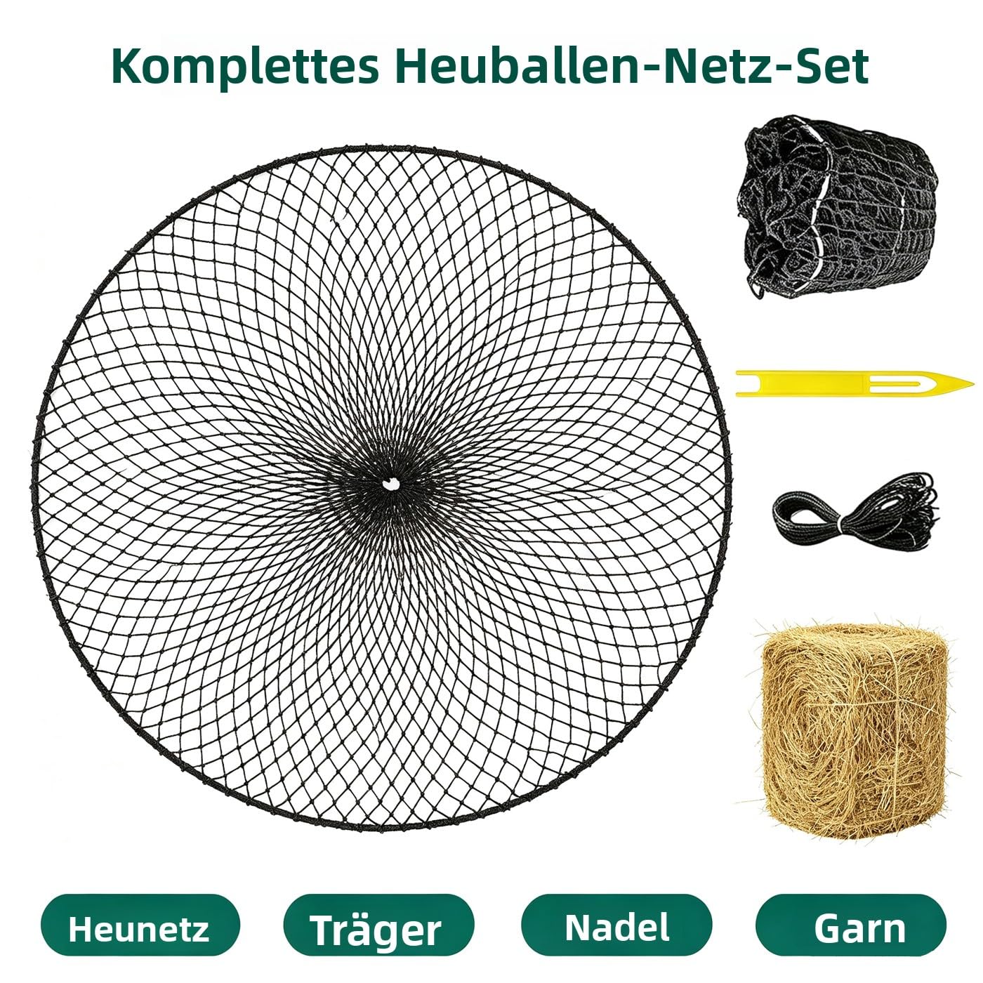 Heunetz für Pferde,Rundballen-Netz, ø 150 cm, Höhe 150 cm, Maschenweite 5x5cm, Engmaschiges Futternetz für langsames Fressen,Stabiles Heunetz für Pferde zur artgerechten Fütterung