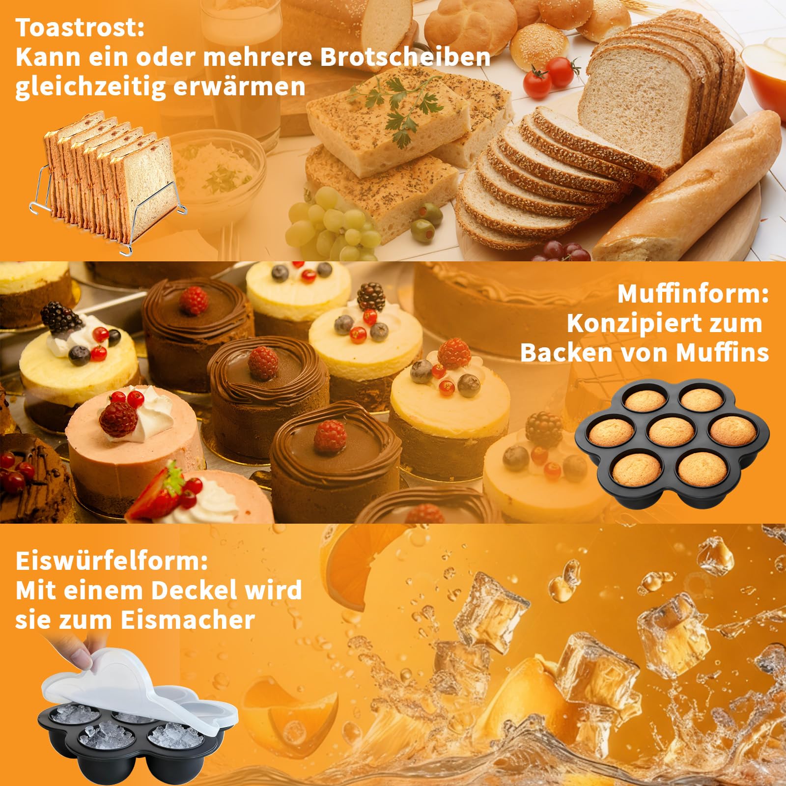 Hunnycook 17P Airfryer akcesoria do frytkownicy beztłuszczowej Ninja AF500EU, w zestawie 1 × 10,4 l + 2 × 5,2 l Airfryer silikonowa forma, forma do ciasta, kosz do smażenia, szczypce i inne, zestaw
