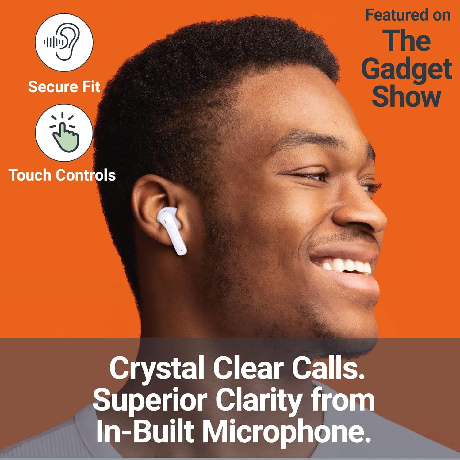 Person wearing MAJORITY Tru 1 earbud, highlighting touch controls and microphone