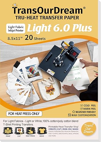 TransOurDream Papel de transferencia para plancha para máquina de prensa de calor (20 hojas, 8.5 x 11 pulgadas, luz 6.0 PLUS) transferencias