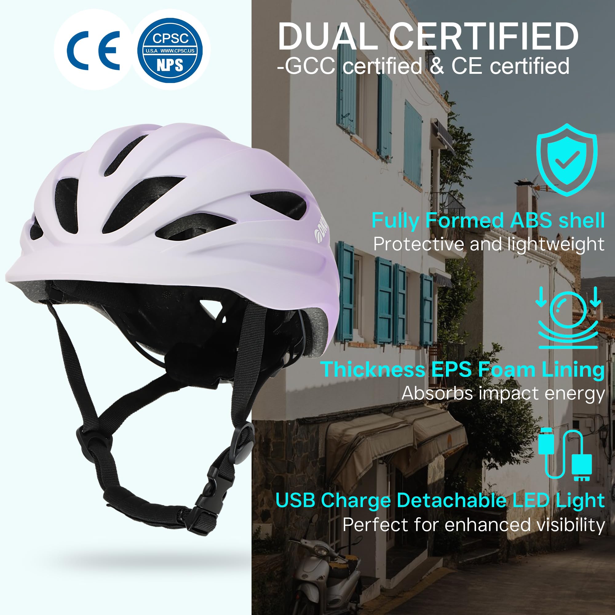 DKONI Casco de bicicleta urbano para adultos: casco de bicicleta para hombres y mujeres con carga USB, cascos de luz trasera desmontable para ciclismo y scooters