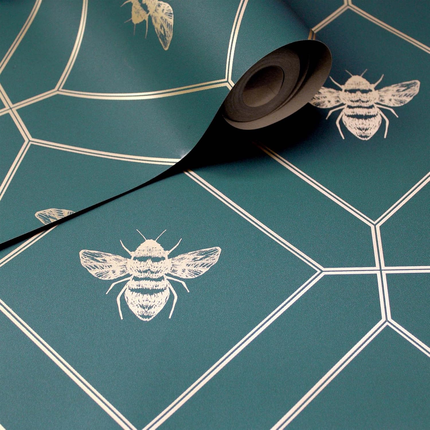 Honeycomb Bee Metallic Geometric Wallpaper Perfect for Bedrooms Living Rooms Feature Walls Teal World of Wallpaper 50400