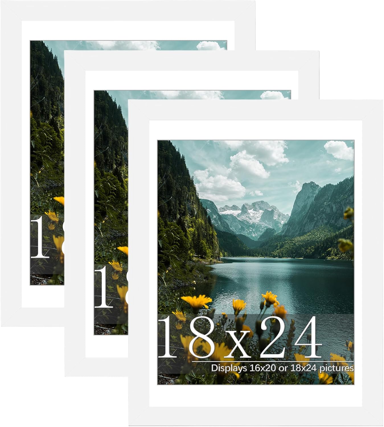 Picrit 18x24 Picture Frame 3 Pack, White Poster Frame, Display Poster 16 x 20 with Mat or 18 x 24 Without Mat for Horizontal or Vertical Wall Mounting White 18x24