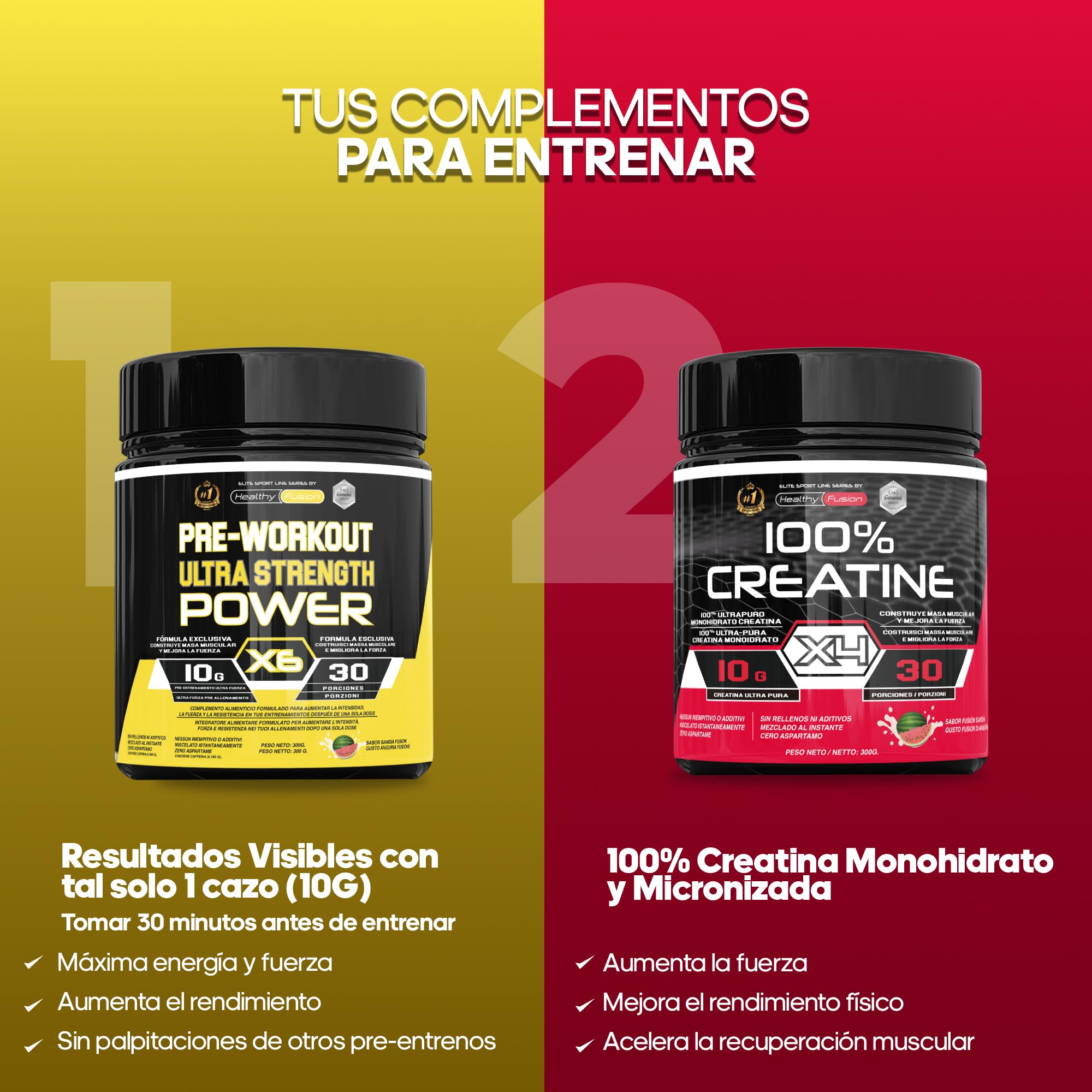 Healthy Fusion Pack Creatina Monohidrato Micronizada 300 g Sabor Sandía + Pre-Workout 300 g Sandía | Beta-Alanina, Taurina y Cafeína | Fuerza, Energía, Alta Solubilidad, Rendimiento Físico