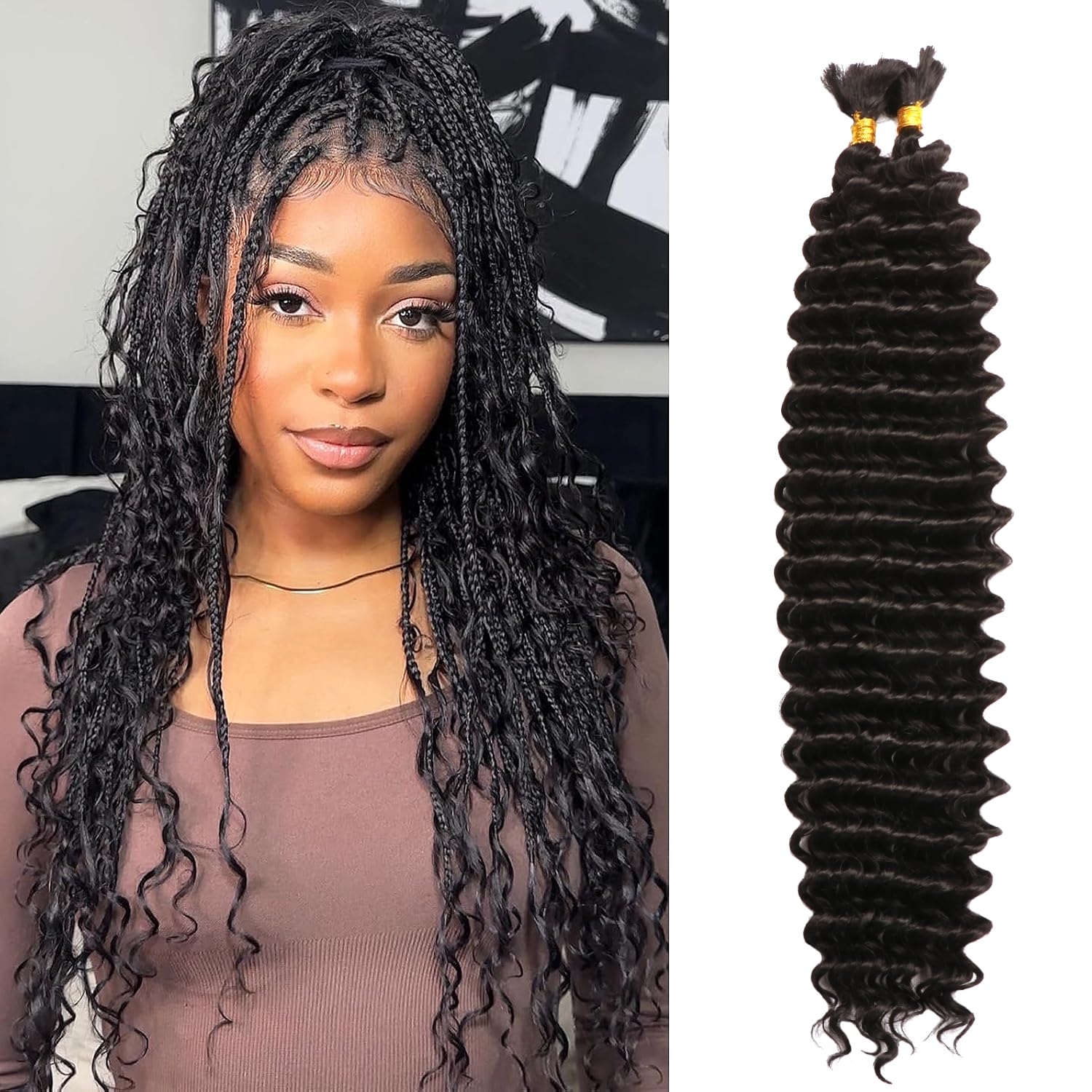 Seimainurs Deep Wave Crochet Hair Long Curly Braiding Hair for Boho Braids Ocean Wave Braiding Hair for Black Women (1B#
