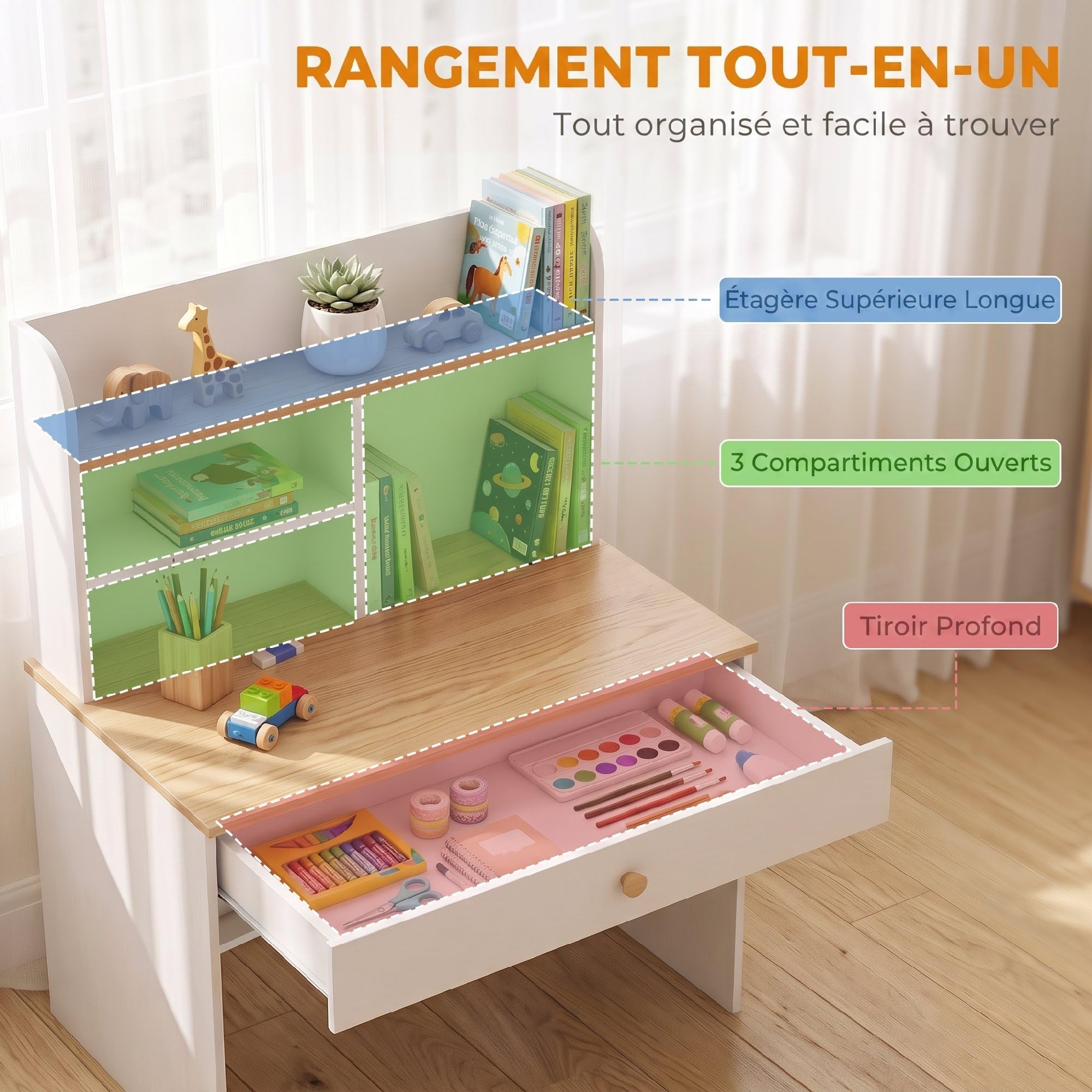 AIYAPLAY Bureau Enfant en Bois avec Rangement Plateau Large Blanc