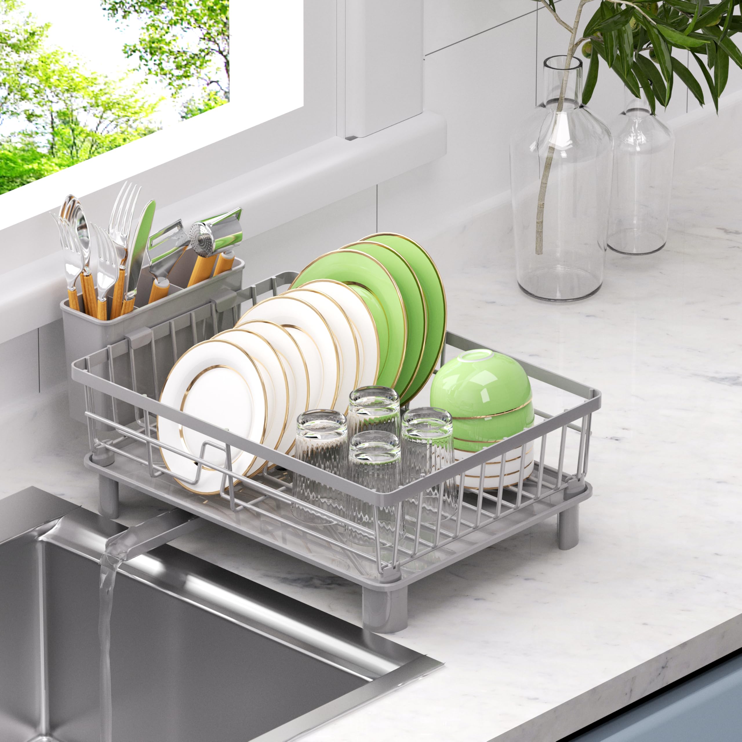 Egoutoire Vaisselle Cuisine,Égouttoir à Vaisselle en Acier Inoxydable avec Porte-Ustensiles,Egouttoir avec Plateau d'égouttage,Drainage Automatique,Rangement et Organisation de Cuisine