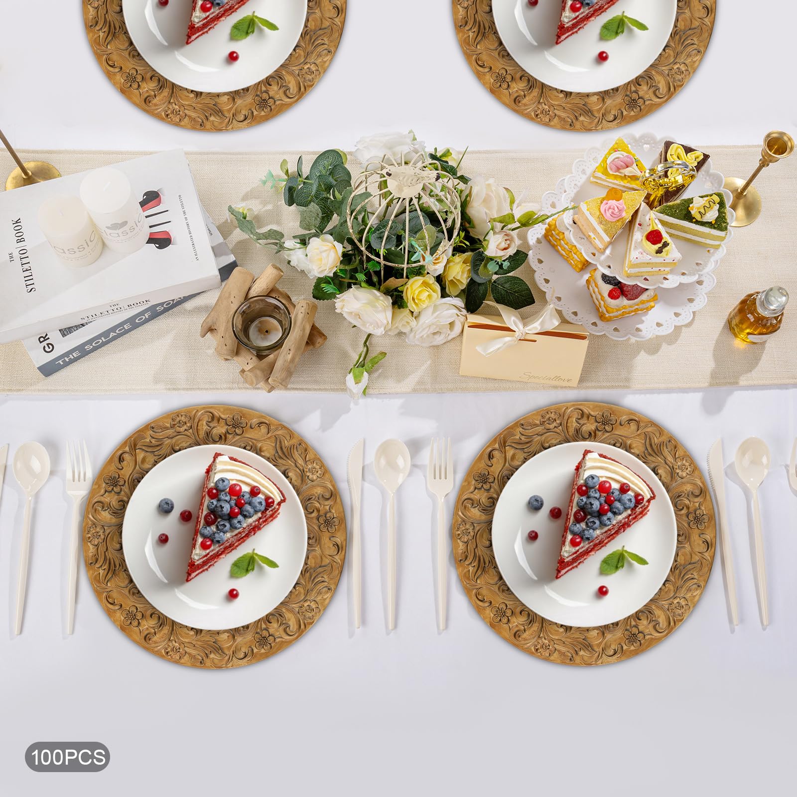 100 Stück Goldene Wiederverwendbare Platzteller, 33cm (Muster-C) | European Retro Einfarbige Unterteller, Runde Mehrweg Servierteller für Hochzeit, Party, Restaurant