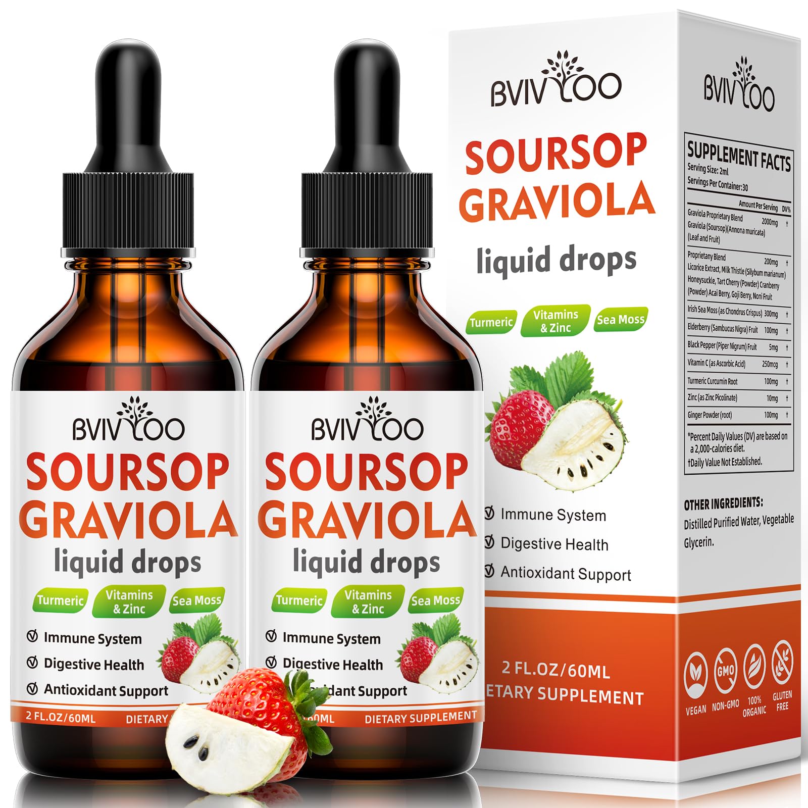 Soursop Graviola Liquid Drops for Cell Support & Regeneration, Immune Boost, Relax, Liver and Sleep, Soursop Bitters Liquid, Sugar/Gluten Free, Natural Strawberries Flavor - 4 Fl Oz (120ml) Bottle