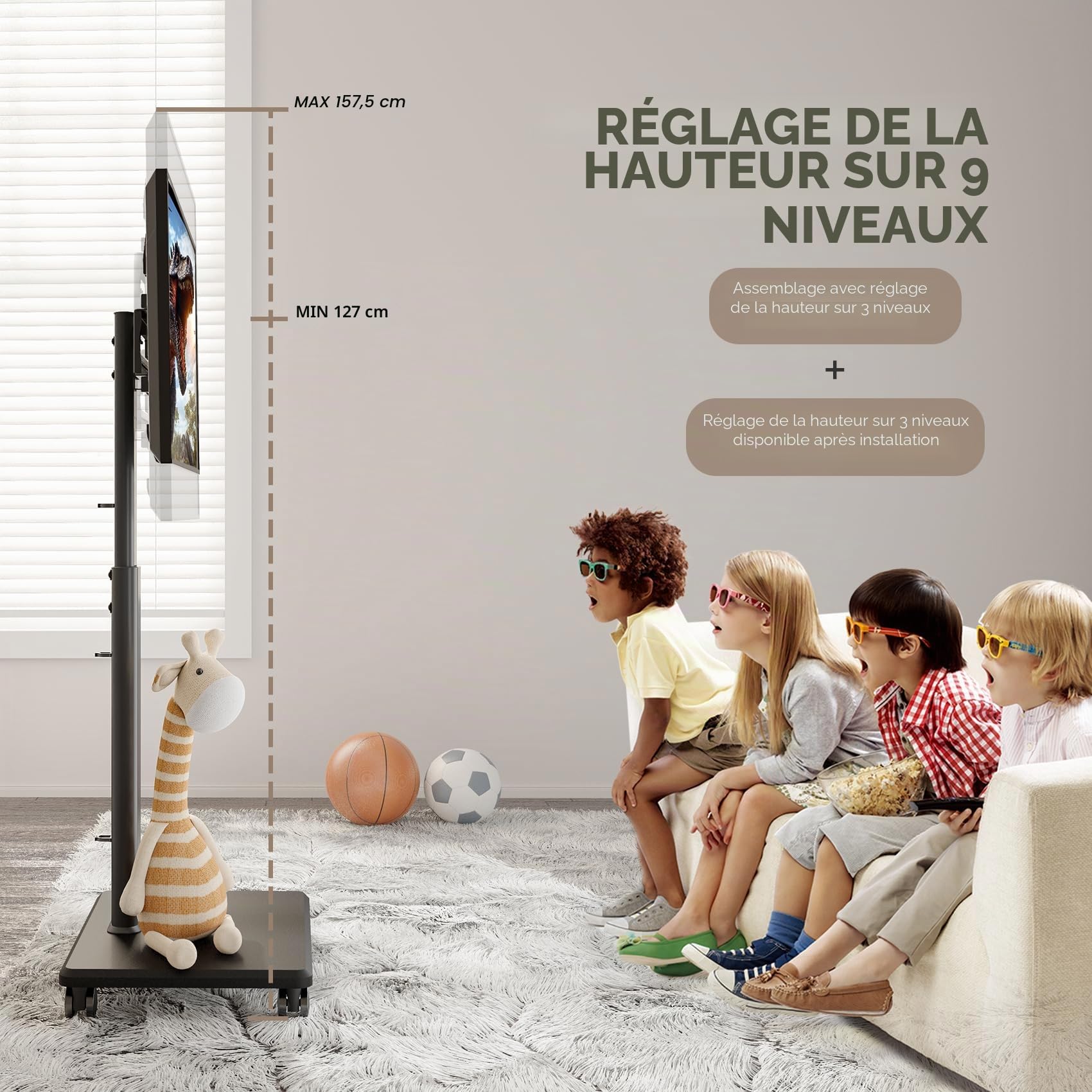AX WABER Support TV de Sol Universel, Support TV Roulant avec Roulettes, Pivotant à 80 Degrés, Réglable en Hauteur pour TV LCD LED OLED de 27 à 65 Pouces, Peut Soutenir jusqu'à 40 kg, Support pour
