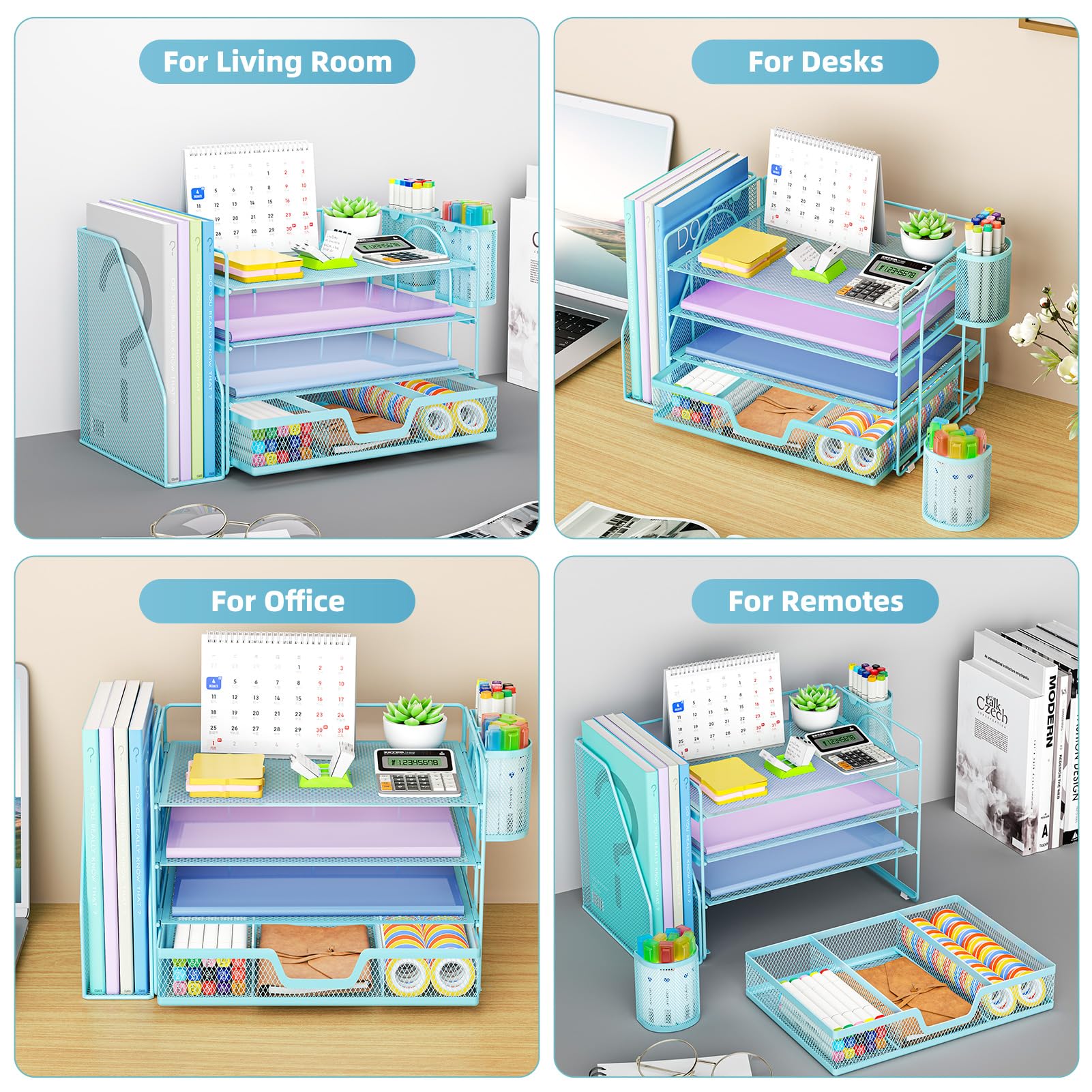 Marbrasse Organizer da scrivania e accessori, vassoio per lettere a 4 ripiani con porta documenti, accessori da scrivania e organizer per spazi di lavoro con cassetto e 2 portapenne (blu, 39,1 x 23,1