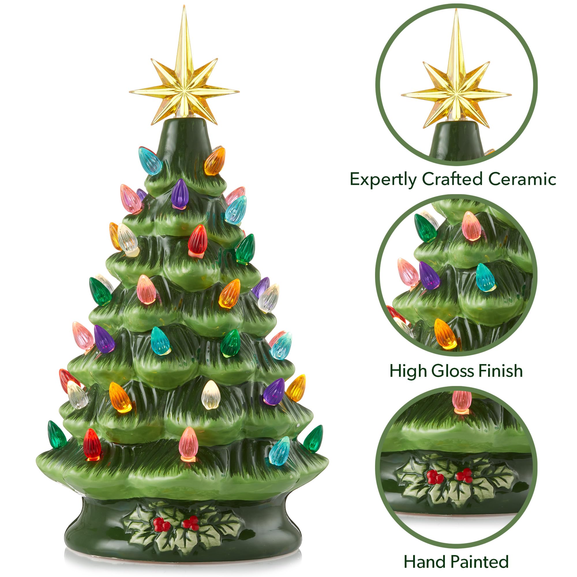 Casafield Handbemalter Keramik-Weihnachtsbaum, grün, 30,5 cm, beleuchteter Baum mit 100 mehrfarbigen Lichtern und 2 Sternaufsätzen
