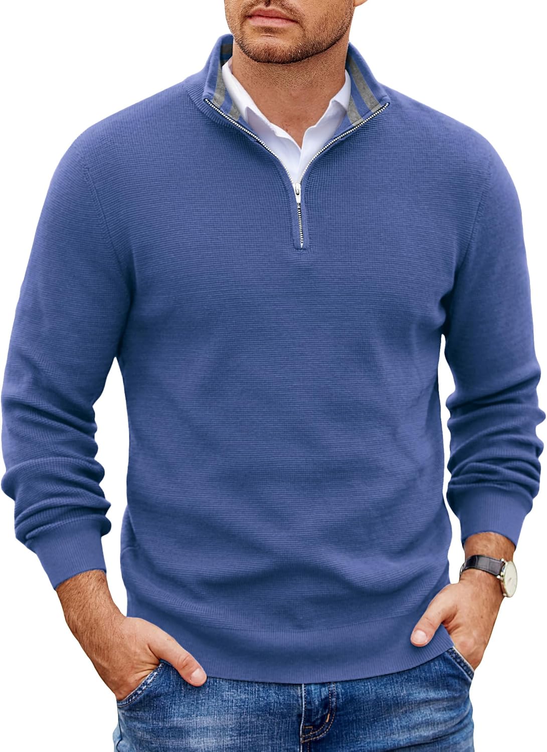 COOFANDY Mens Quarter Zip Pullover Slim Fit Lightweight Sweater Casual Mock Neck Knit Polo Sweater