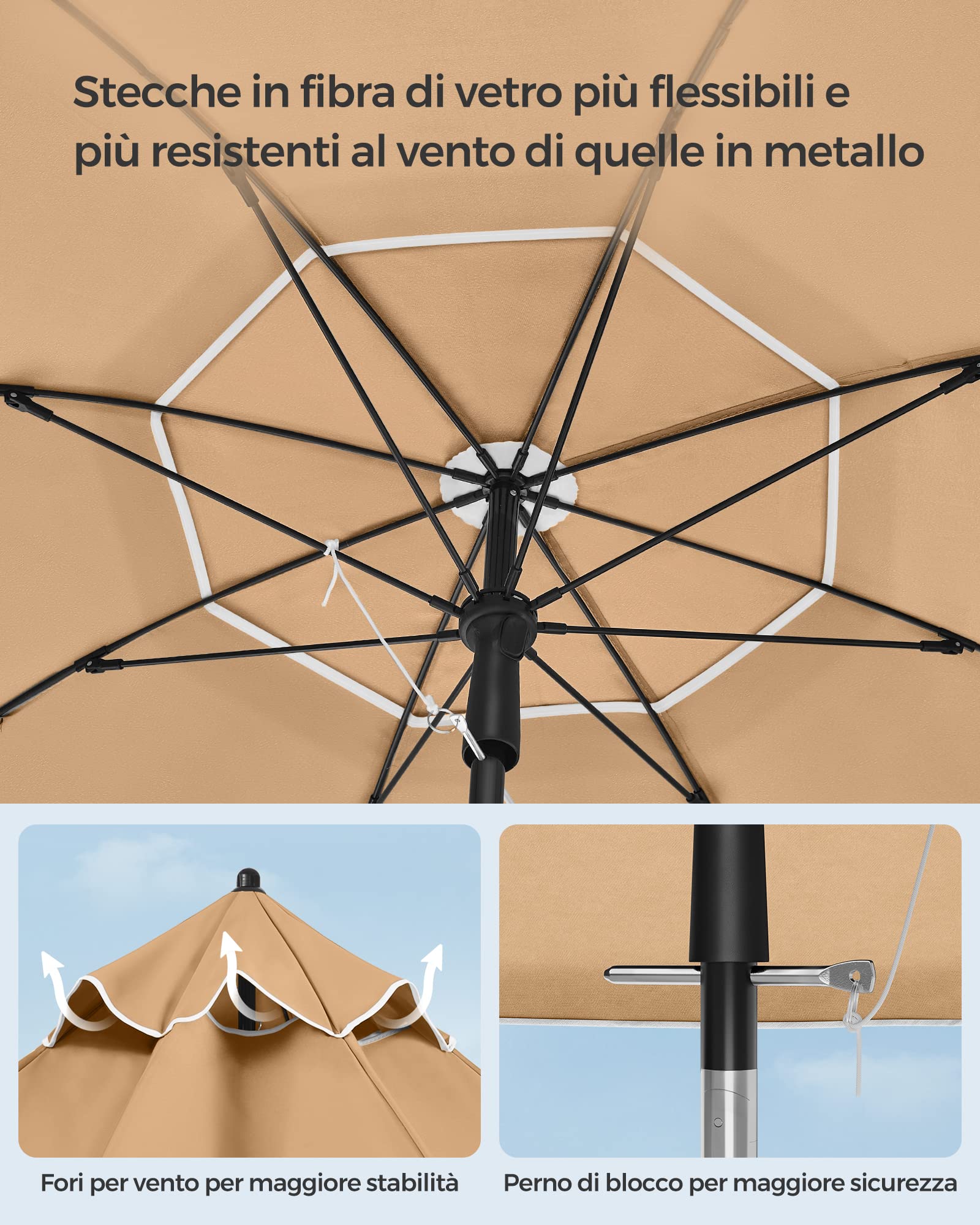 SONGMICS Ombrellone da Spiaggia UPF 50+ Inclinabile Portatile Antivento Stecche Fibra di Vetro Borsa Trasporto