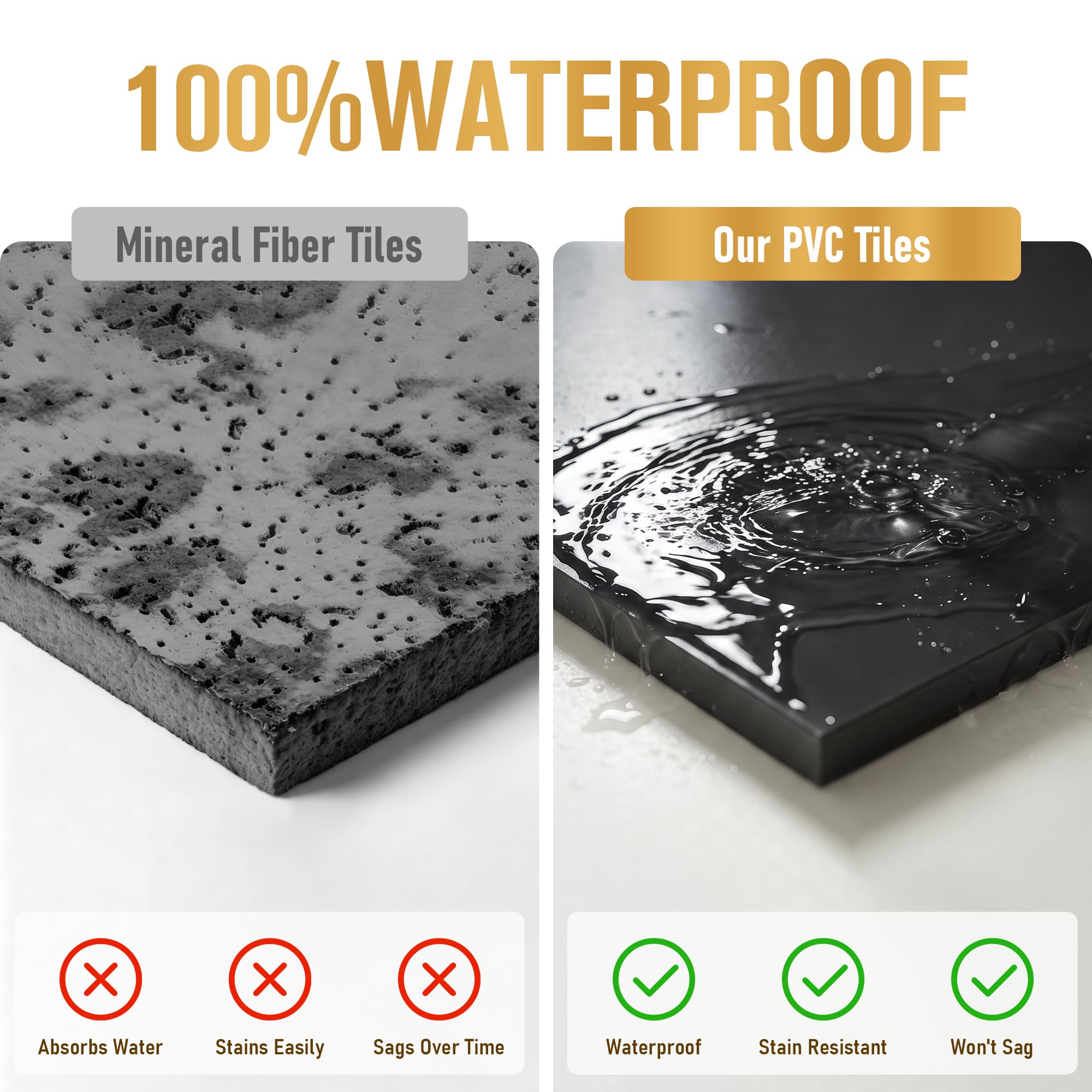 Azulejos de techo lisos de 2 x 4 pies para sistemas de techo de barra en T, azulejos de techo de PVC sin caída, impermeables y resistentes al fuego, fácil reemplazo, negro, paquete de 10 (cubre 80