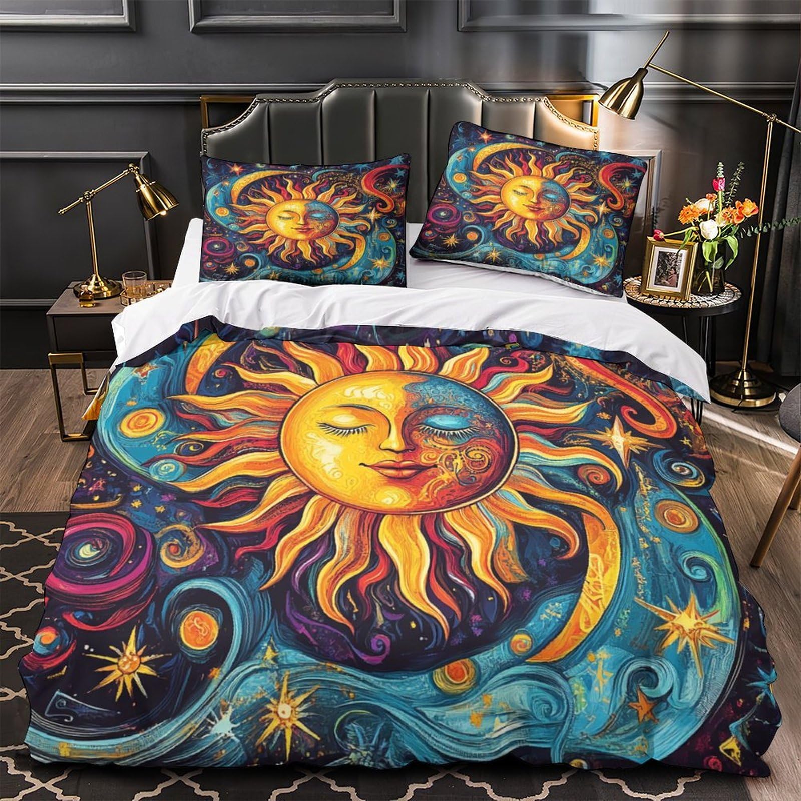 Housse de couette soleil et lune 3D en microfibre respirante pour lit enfant super king size