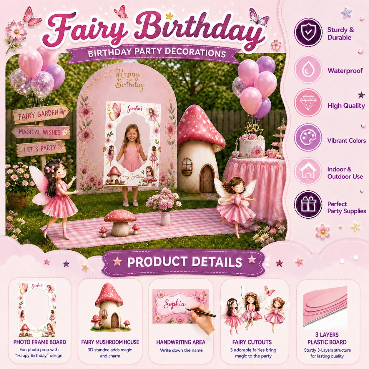 7 decoraciones de cumpleaños de hadas, recortes grandes de cartón con soporte
