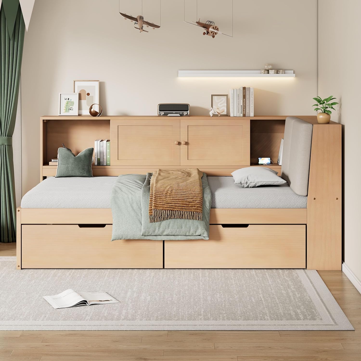 Harper & Bright Designs Twin Size Wooden L Shaped Daybed with Storage Bookcase, Twin Size Corner daybed Frame with Drawers, No Box Spring Needed, Easy Assembly, Natural