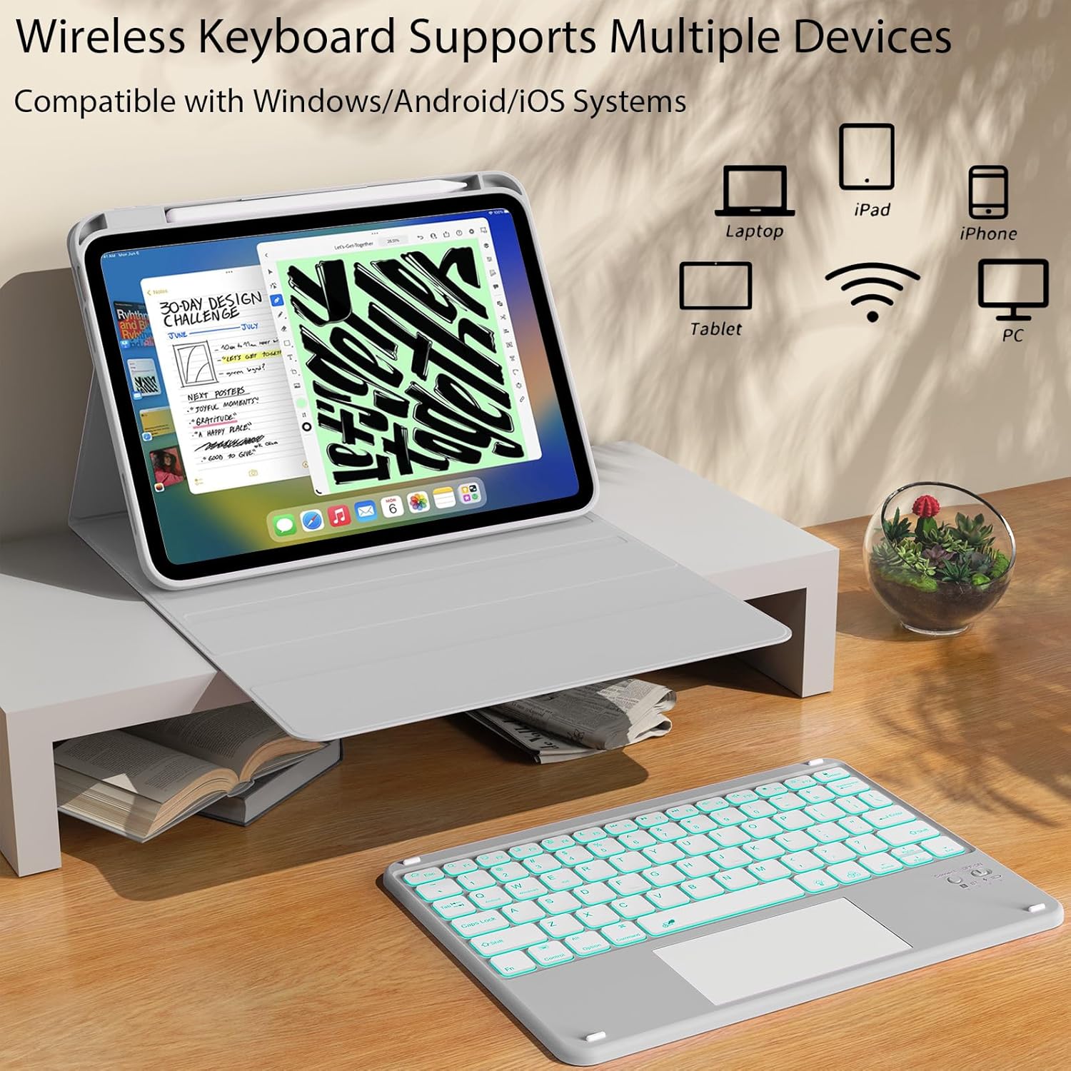 kenke for iPad 11/10th Gen Case with Keyboard 11/10.9 inch 2025 A16/2022, Detachable Wireless Bluetooth with Right Side Pencil Holder, Multi-Touch Trackpad Backlit Square Gray Keycaps (Gray