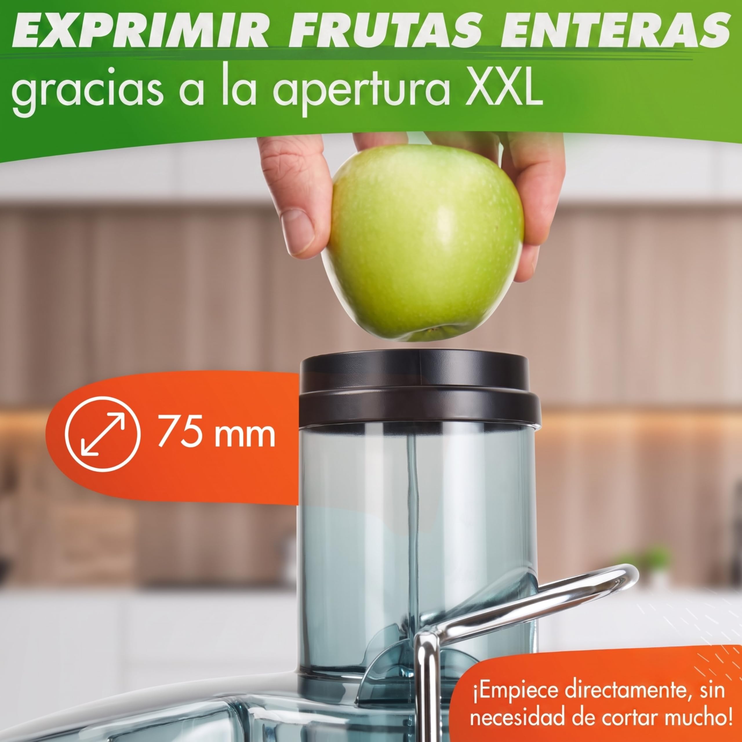 Nutrilovers Extractor de Zumo QUICK-JUICER MAX, Centrífugo 800 W, Boca XXL, Tamiz de Acero Inoxidable, Depósito de Pulpa Externo, Sin BPA, Botella