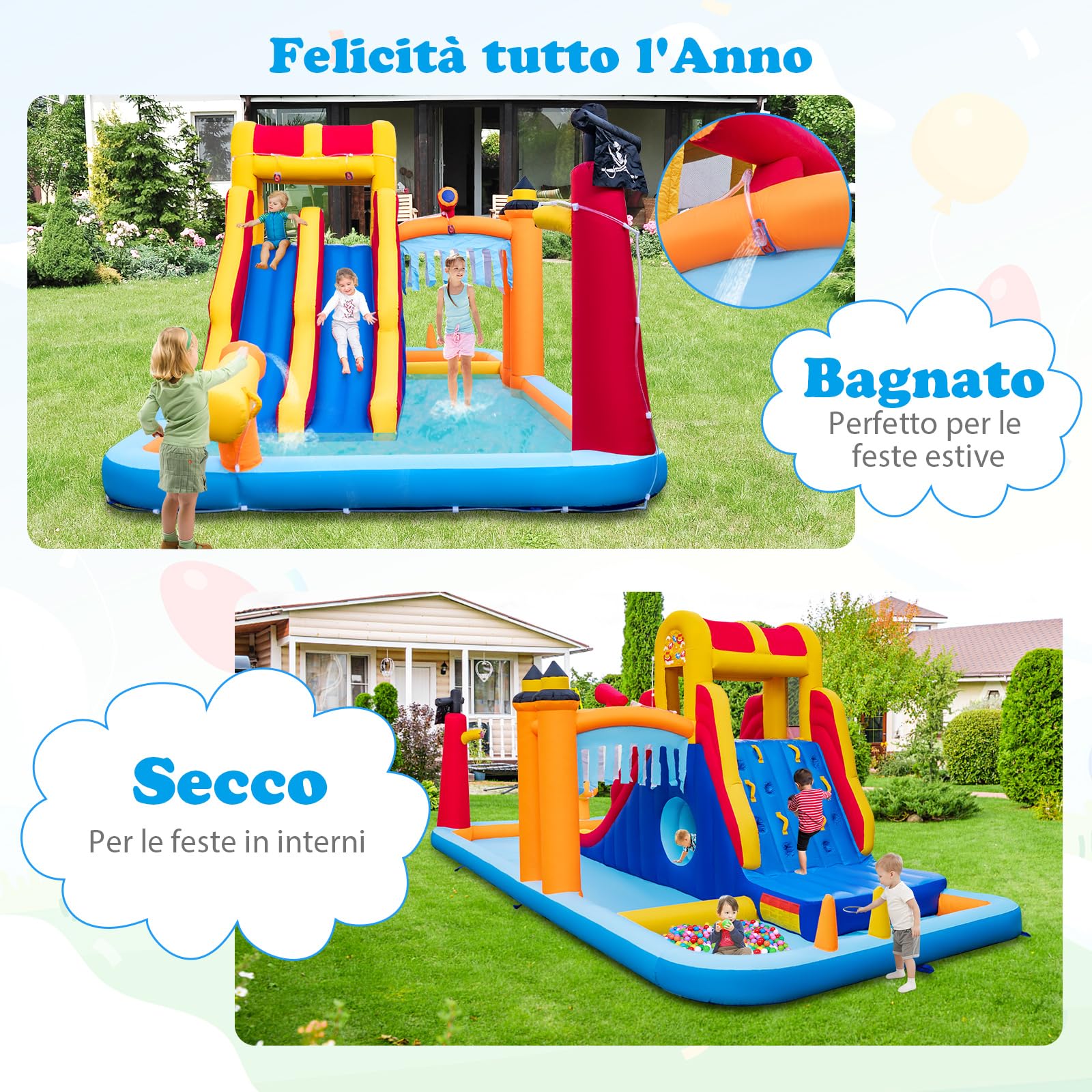 COSTWAY Castello Gonfiabile, Casa Gonfiabile con 2 Scivoli, Piscina, Parete da Arrampicata, Tunnel e Cannone d'Acqua, per Bambini di 3-10 Anni, 693 x 295 x 263 cm