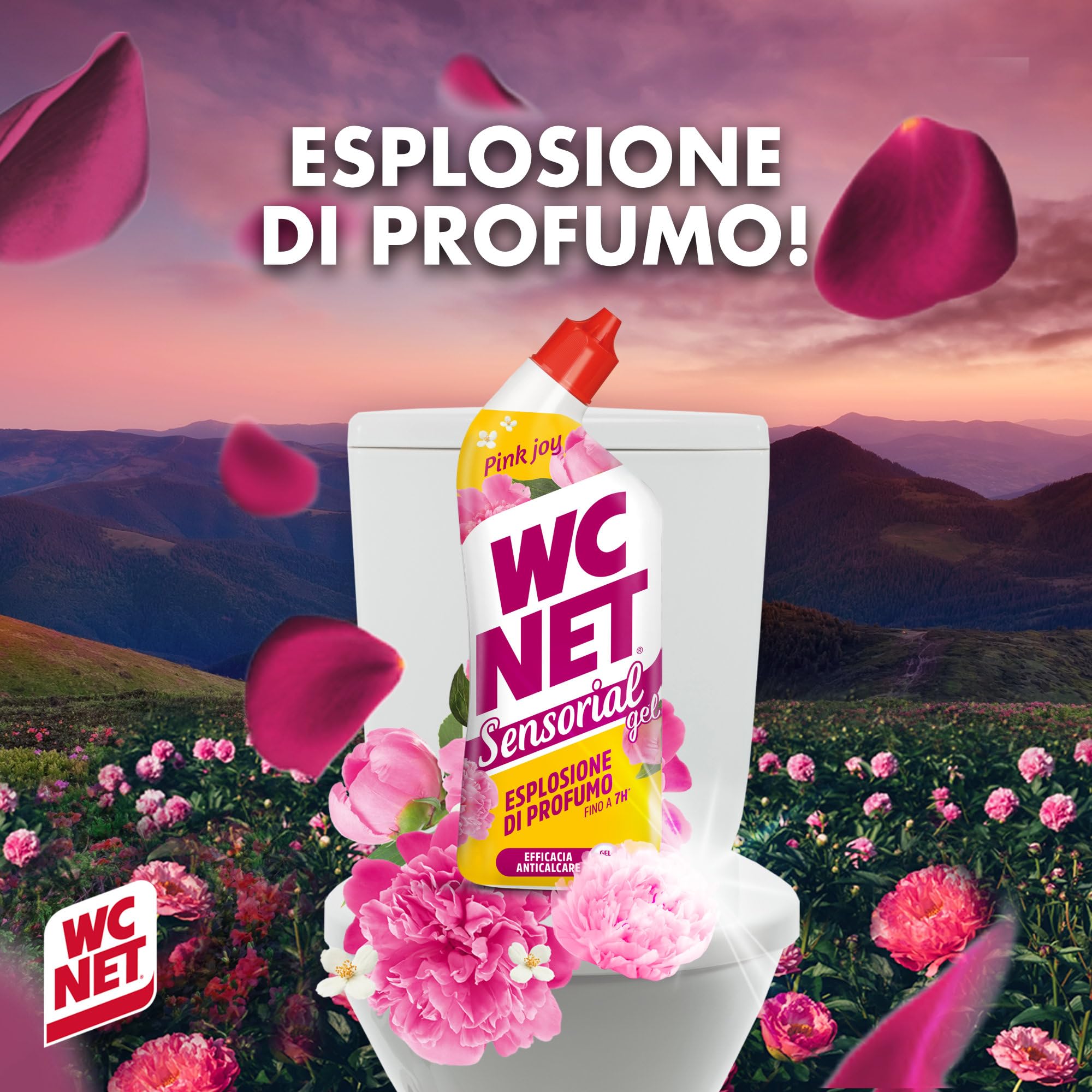 Wc Net Gel Sensorial Pink Joy, Peonia e Muschio Bianco, 700 ml x 12 | Igienizza il WC e previene il calcare, formula in gel con effetto perlato, pulito profondo e profumo a ogni scarico