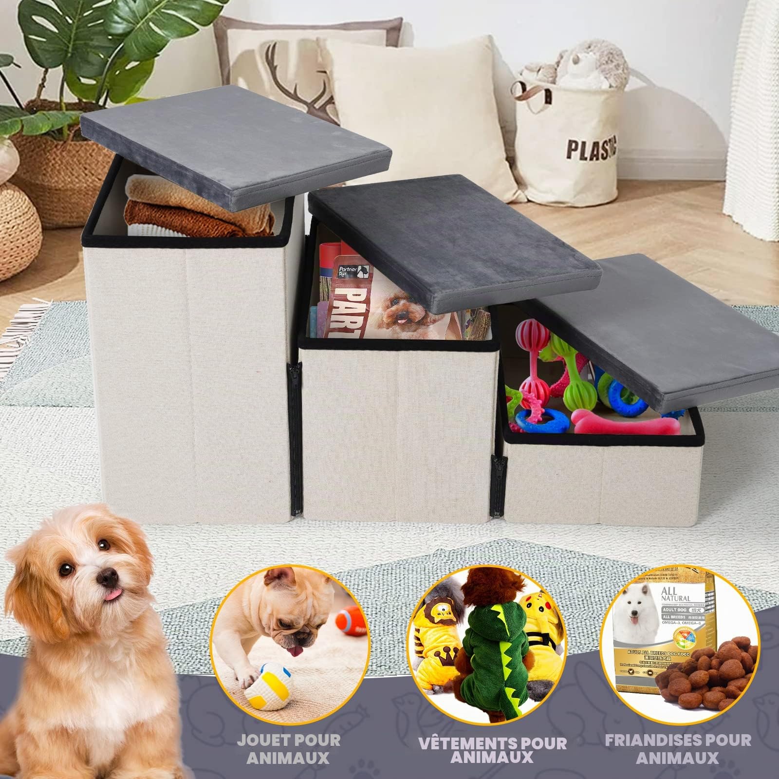 Escalier 3 Marches pour Chien avec Rangement, Pliable pour Canapé/Lit, 74x33x44cm