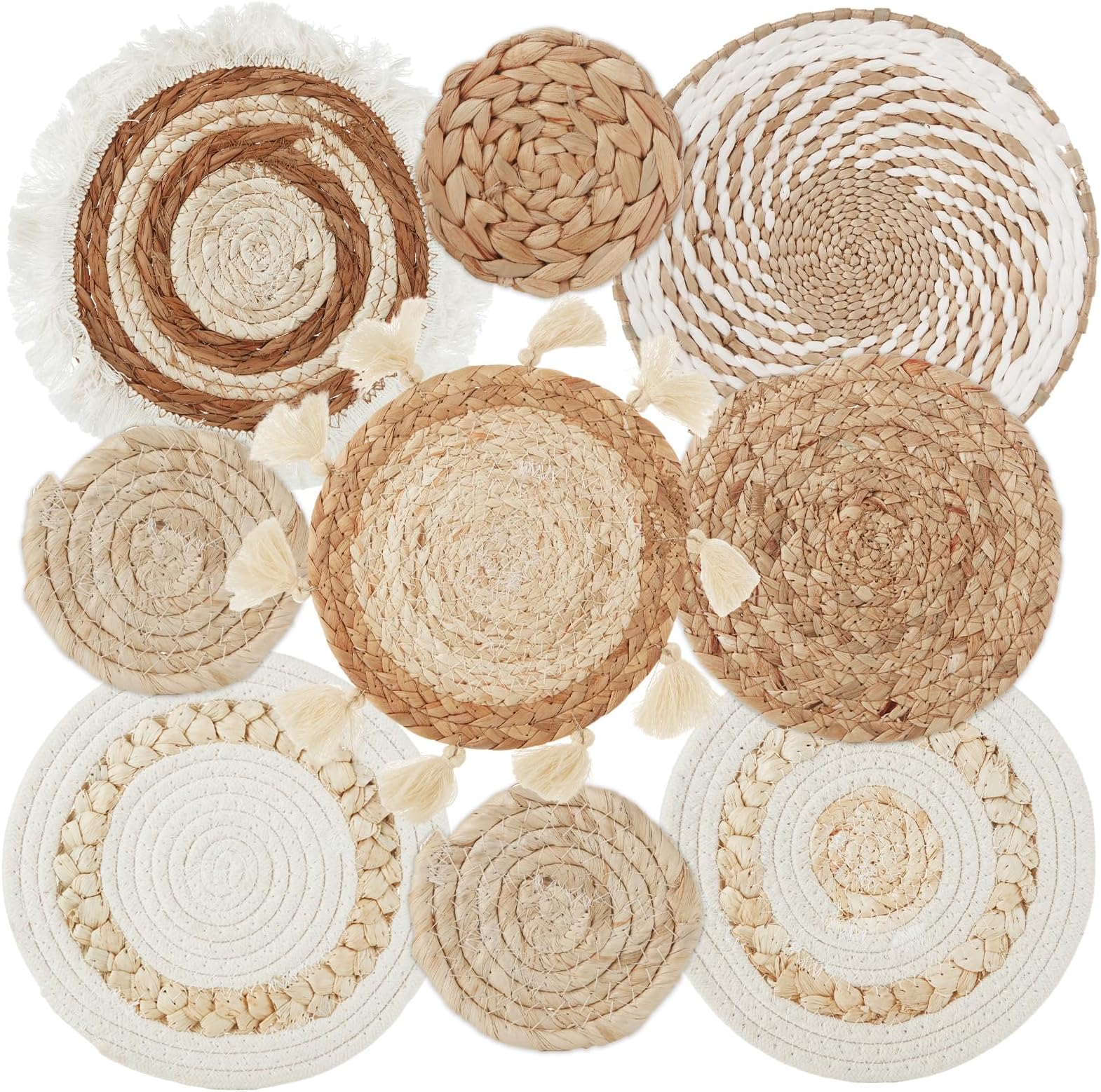 MIVIDE 9 Pack Boho Wall Basket Set, Hanging Woven Basket Wall Decor, Seagrass Rattan Wicker Wall Basket Decor, Round Wall Decor Art for Bedrooms Living Rooms Farmhouse Kitchen Table