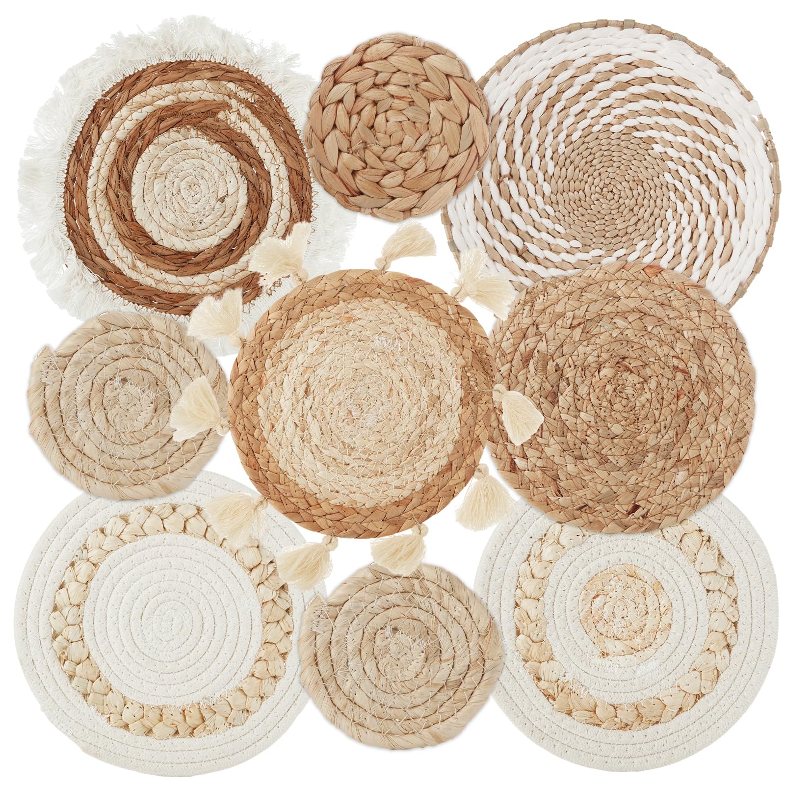 MIVIDE 9 Pack Boho Wall Basket Set, Hanging Woven Basket Wall Decor, Seagrass Rattan Wicker Wall Basket Decor, Round Wall Decor Art for Bedrooms Living Rooms Farmhouse Kitchen Table