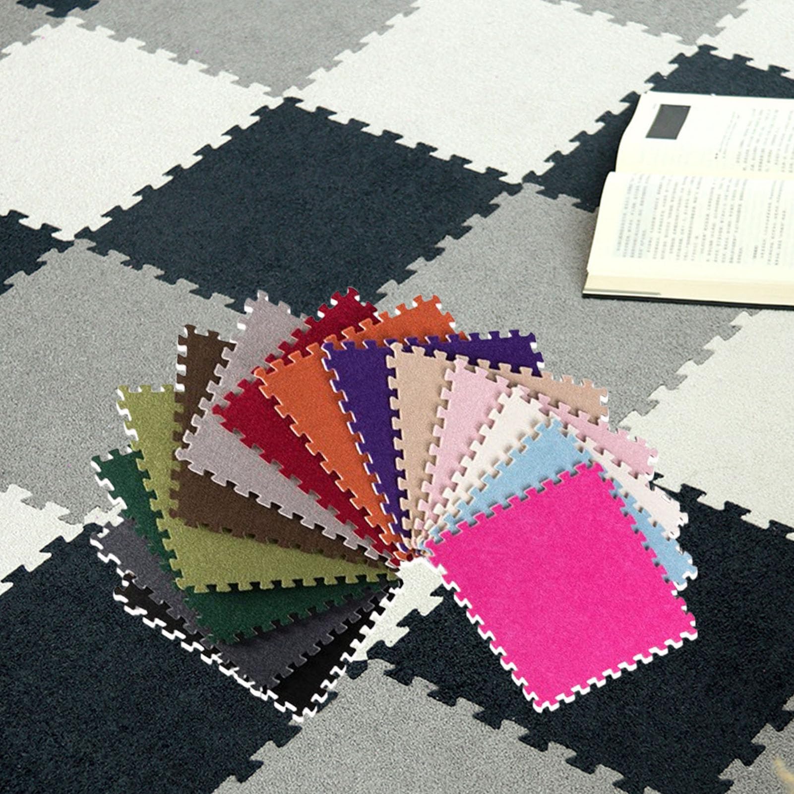 Mata podłogowa z puzzli piankowych, Łączone płytki dywanowe z obramowaniem, opakowanie 10 sztuk wielokolorowych 30 x 30 cm(Purple+pink,1cm)
